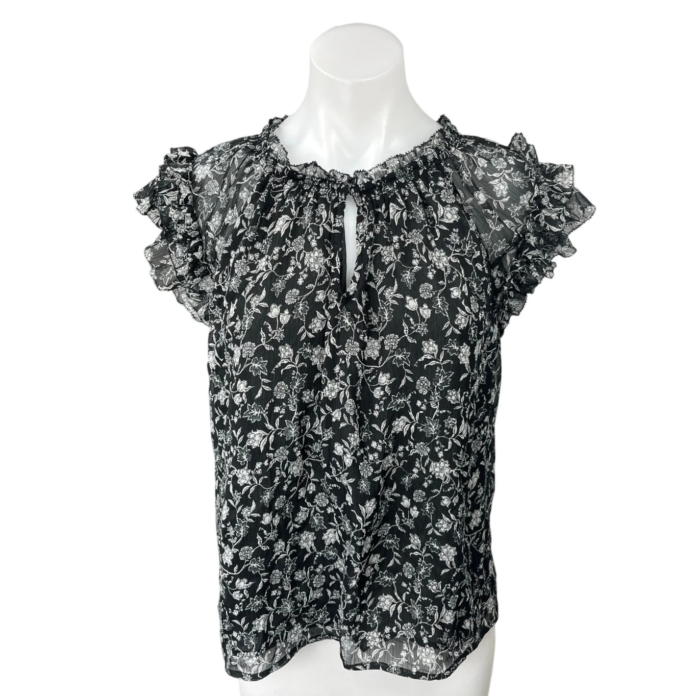 Old Navy Black Chiffon Floral Print Ruffle Short Sleeve Keyhole Blouse Top Sz L