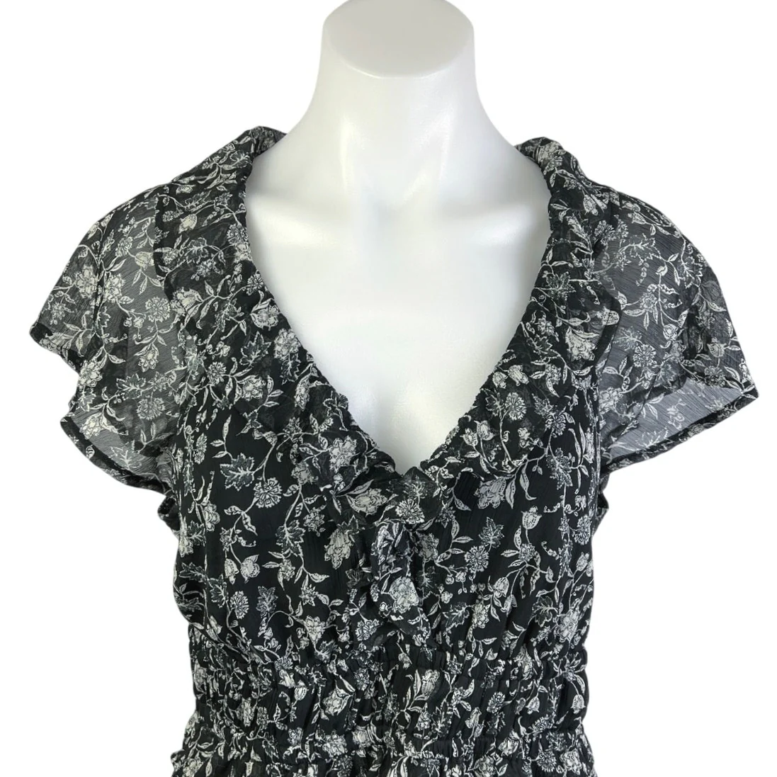 Old Navy Black Floral Ruffle Flutter Sleeve V Neck Tiered A Line Midi Dress Sz M - Image 3