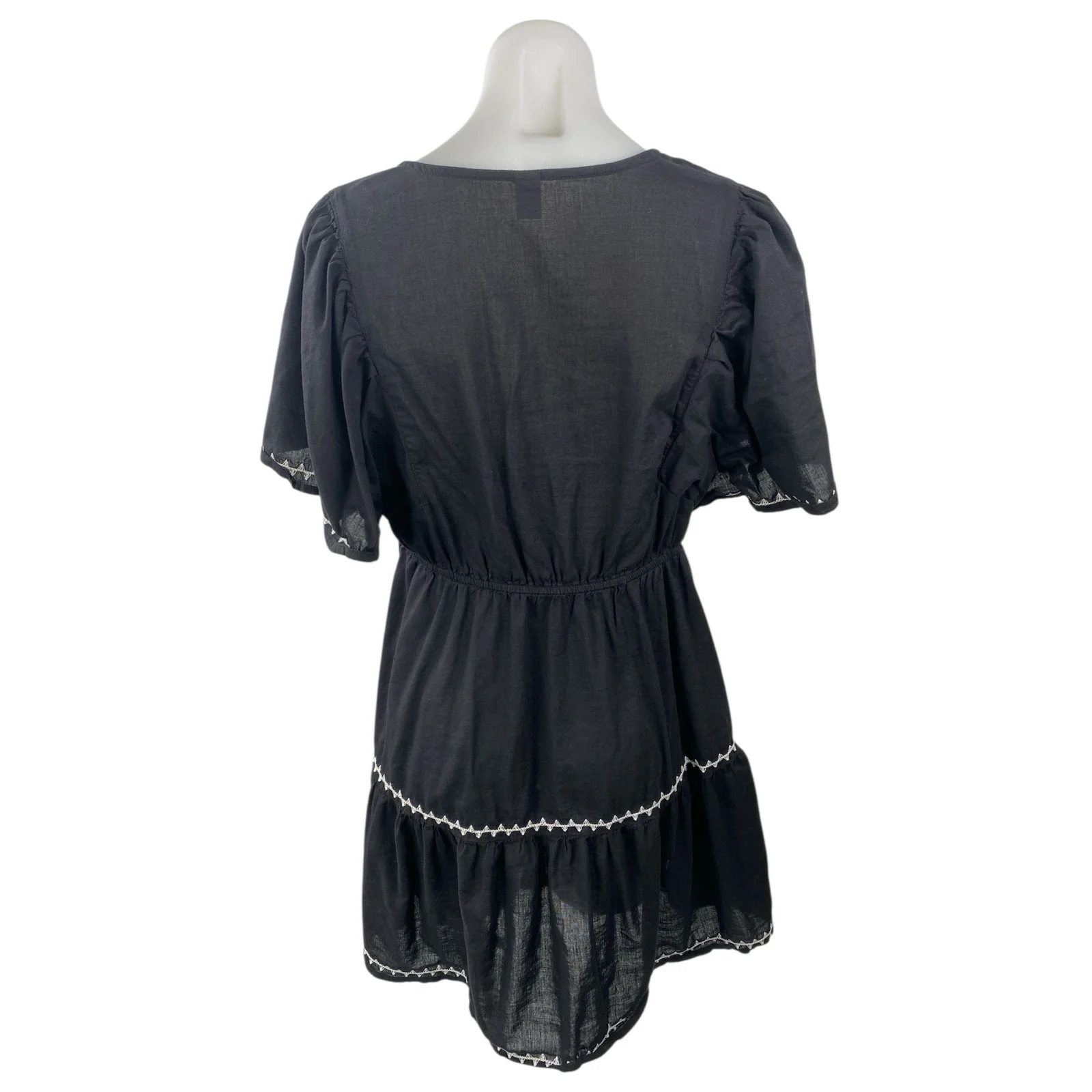 Old Navy Black White Embroidered Trim Short Sleeve V Neck A Line Mini Dress M - Image 4