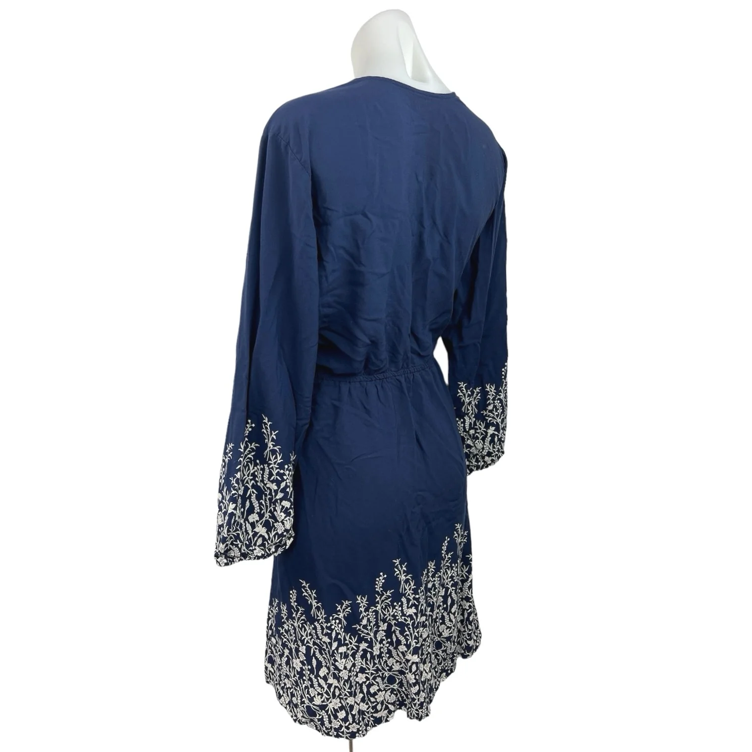 Old Navy Blue Floral Faux Wrap V Neck Bell Sleeves Boho Knee Length Dress Size L - Image 2