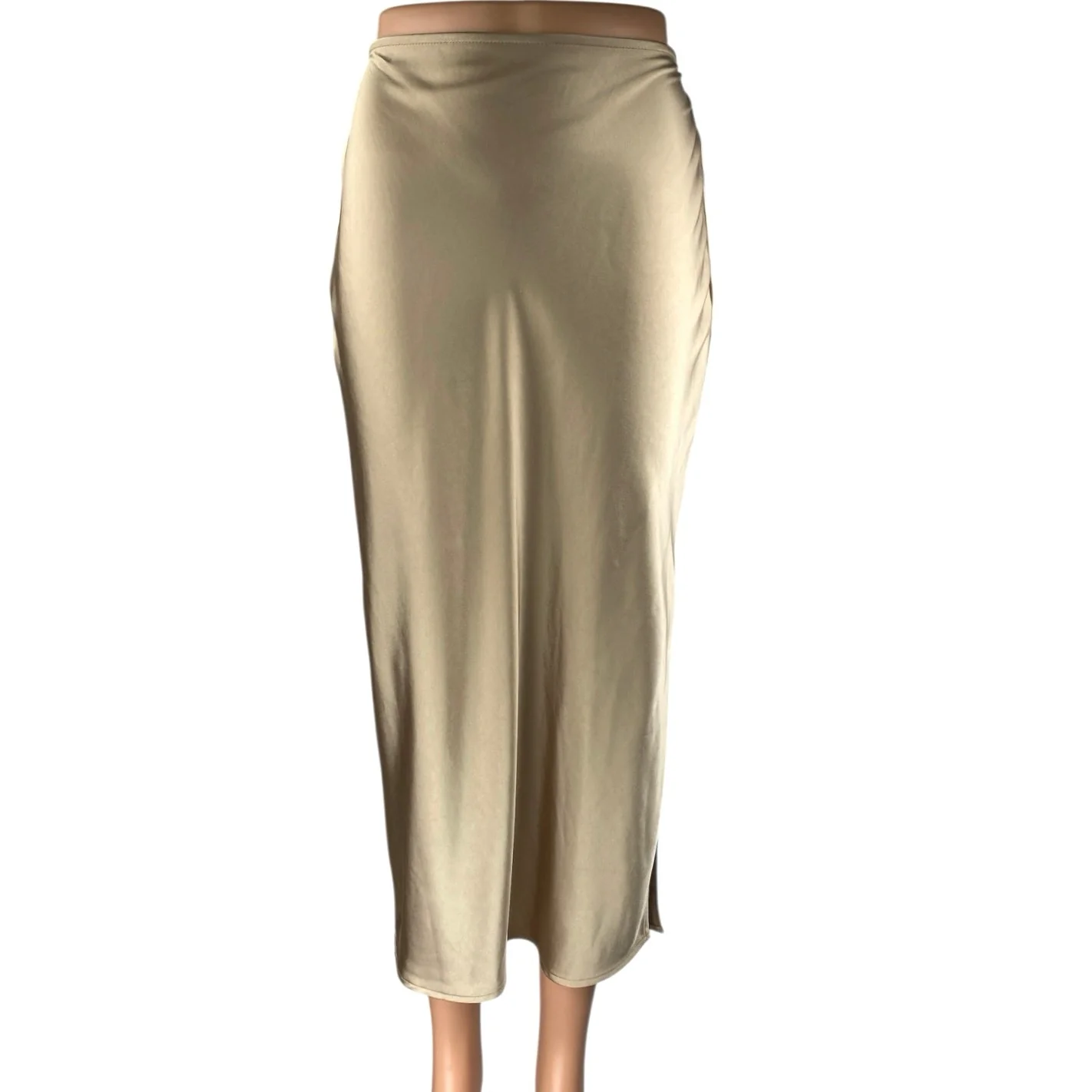 Old Navy Gold Metallic Silky Satin High Waist Slit Midi Straight Pencil Skirt XS