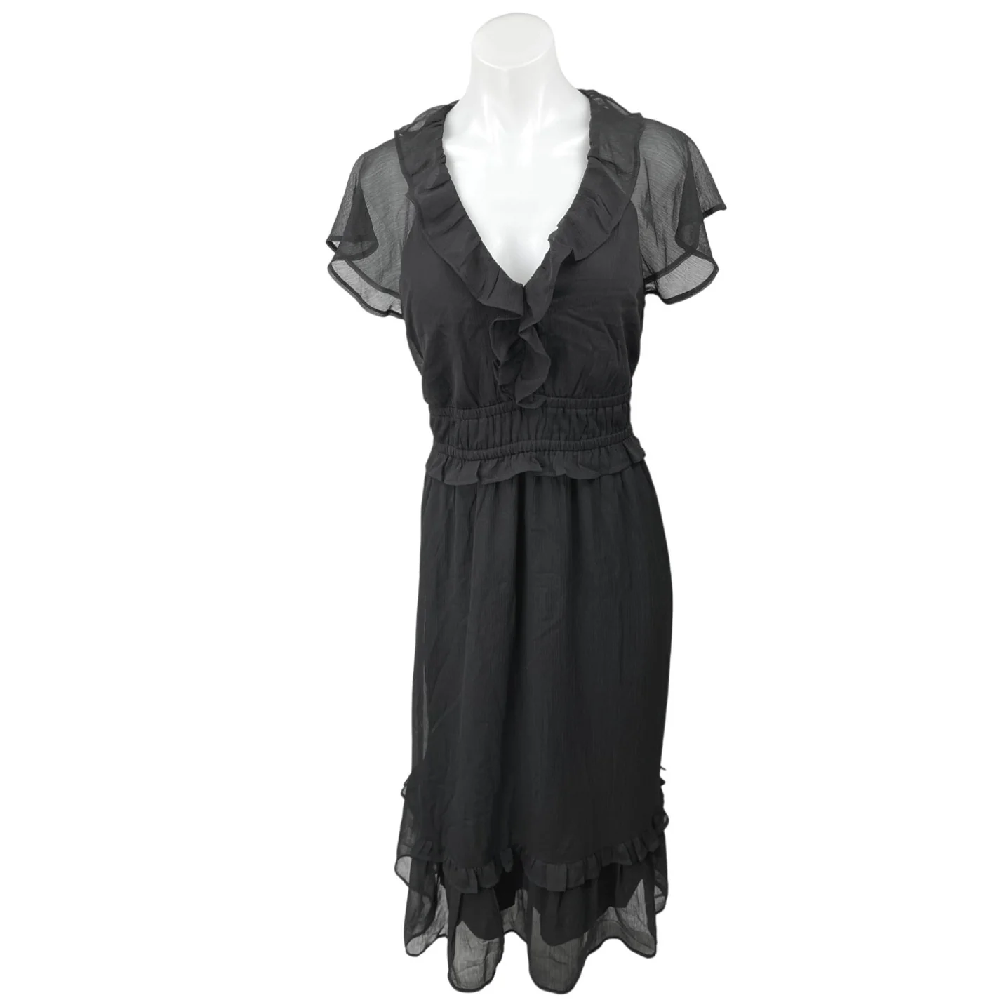 Old Navy Women's Black Mesh Ruffle Short Sleeve V Neck Midi Sheath Dress Size L