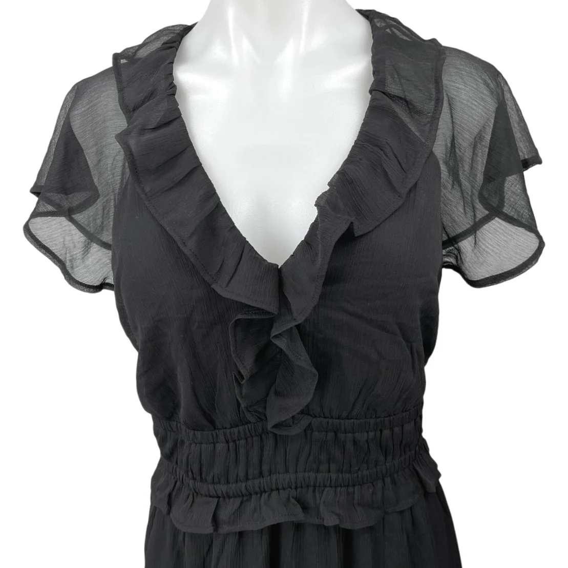Old Navy Women's Black Mesh Ruffle Short Sleeve V Neck Midi Sheath Dress Size L - Image 3