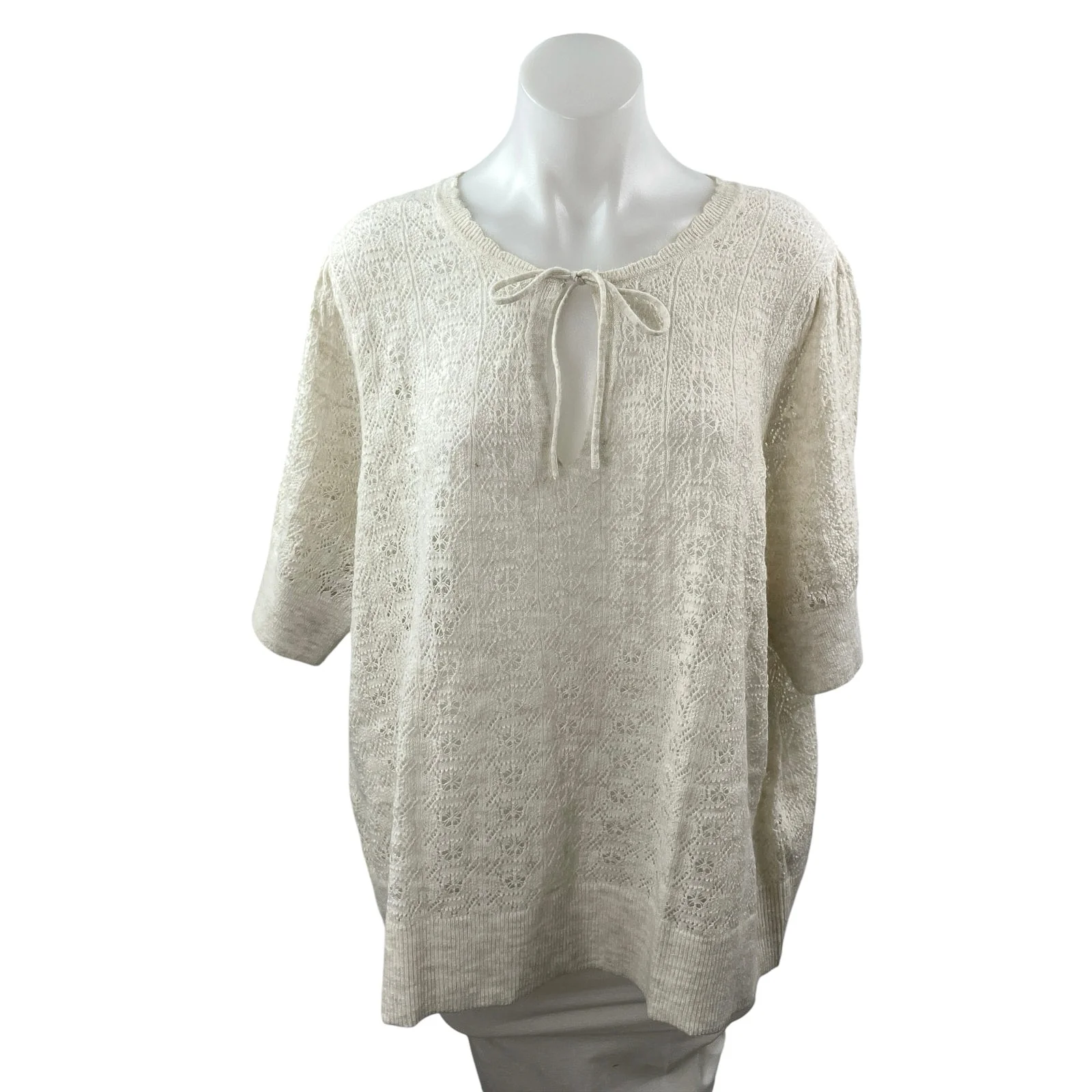 Old Navy Women's White Wool Knit Crochet Tie Short Sleeve Sweater Top Size 3X
