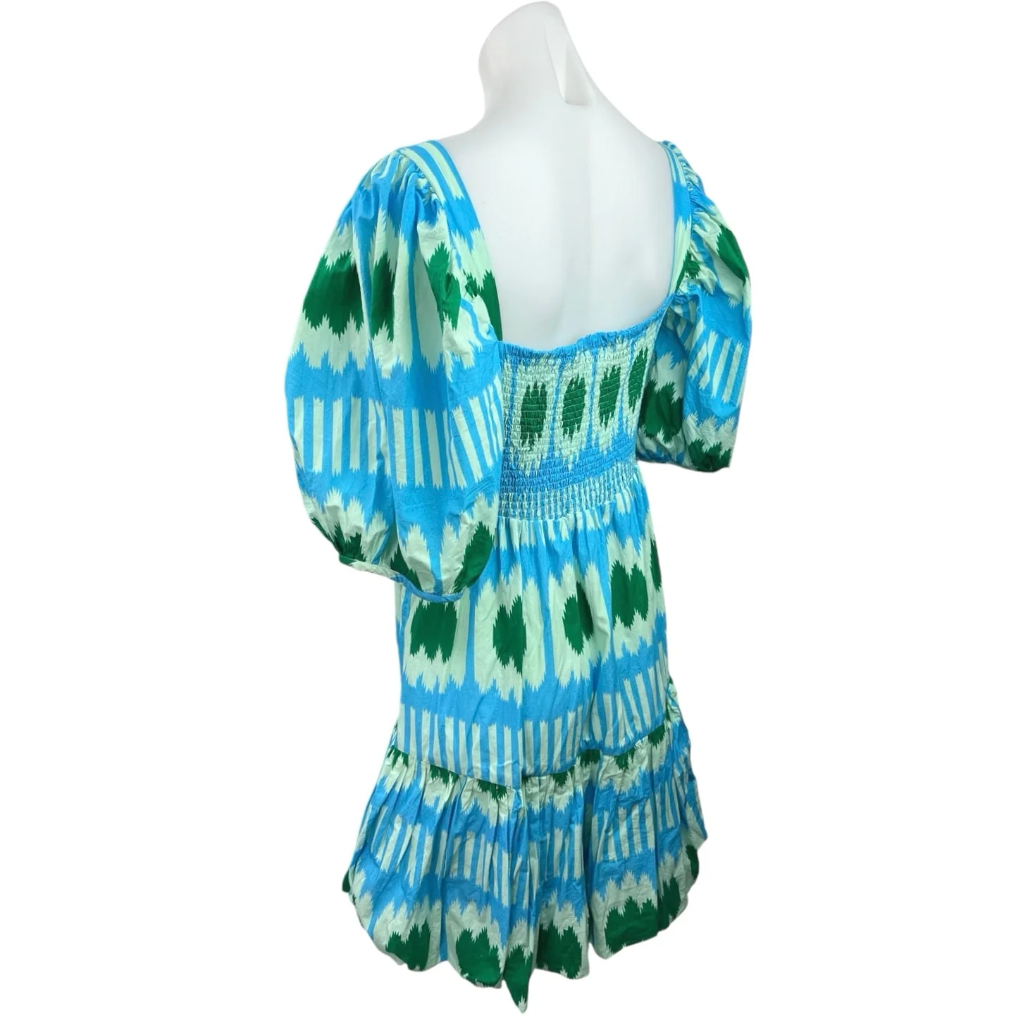Oliphant Blue Green Puff Sleeve Square Neck Ikat Ruffle Tiered Mini Dress Size M - Image 3