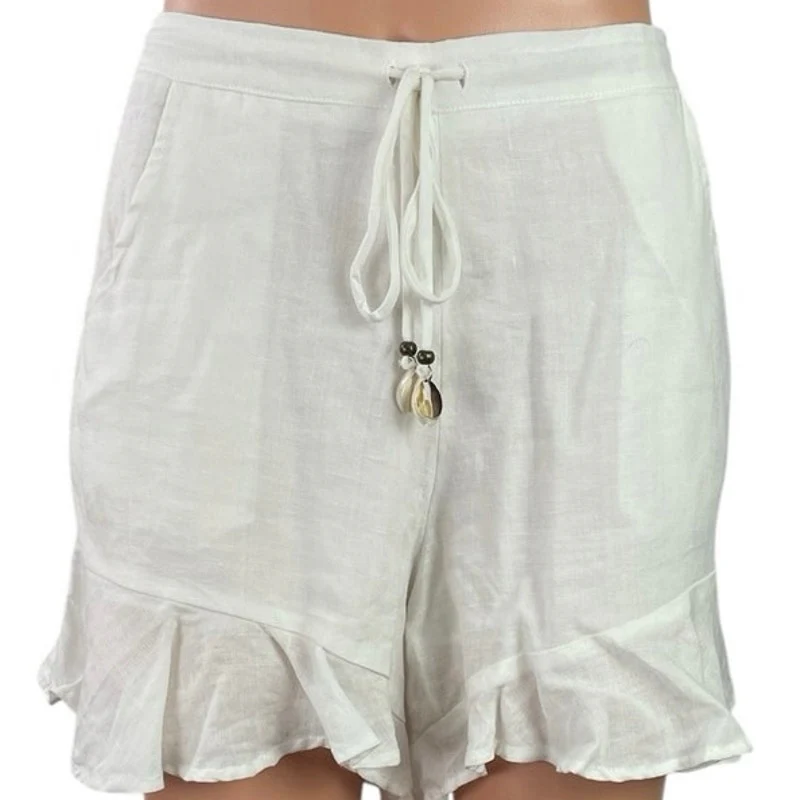 Olivaceous White Linen Cowrie Shell Drawstring Ruffle Wide Leg  Summer Shorts L - Image 4