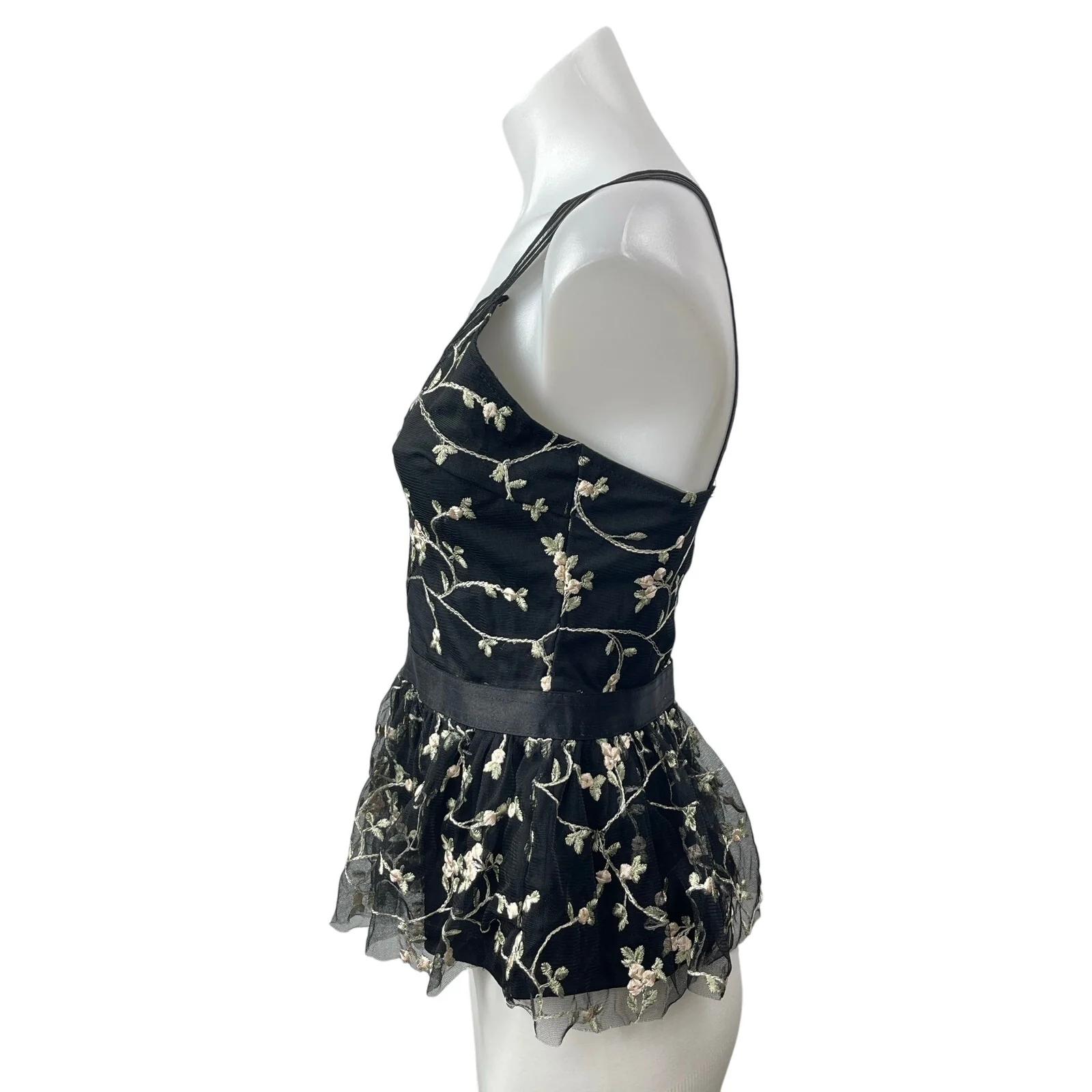 Omai Women's Black Floral Embroidered Sleeveless V Neck Peplum Blouse Top Size M - Image 3