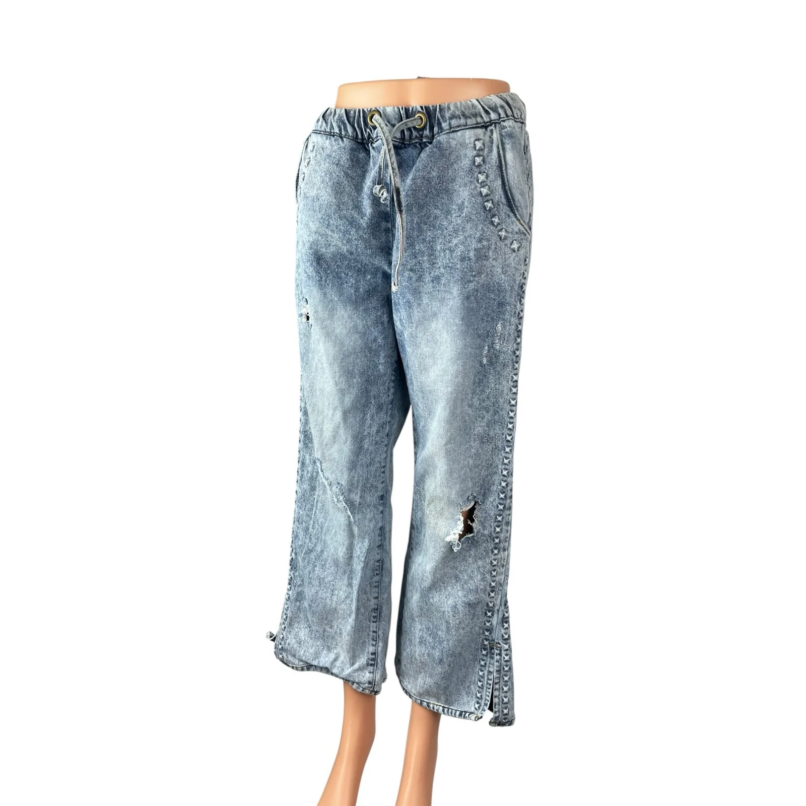 One Teaspoon Women's Studded Distressed High Rise Wide Leg Denim Jeans Pants XS - Image 3