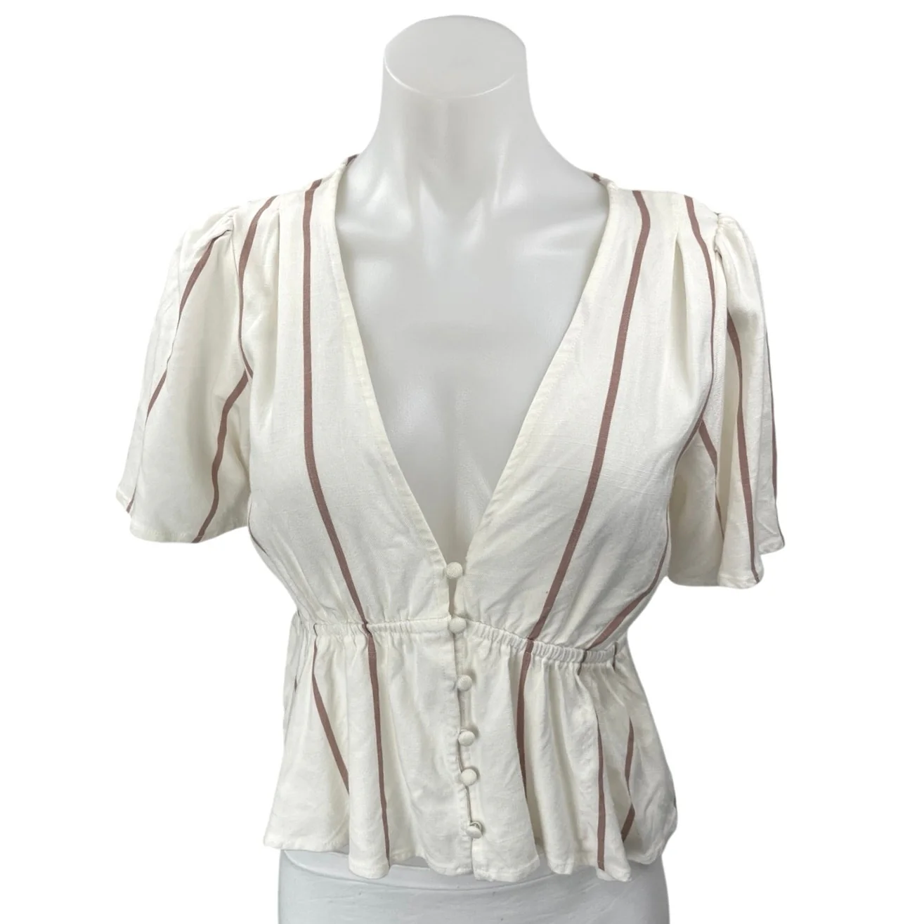 O'Neill Cream Brown Striped Short Sleeve Button Down Peplum Blouse Top Size M