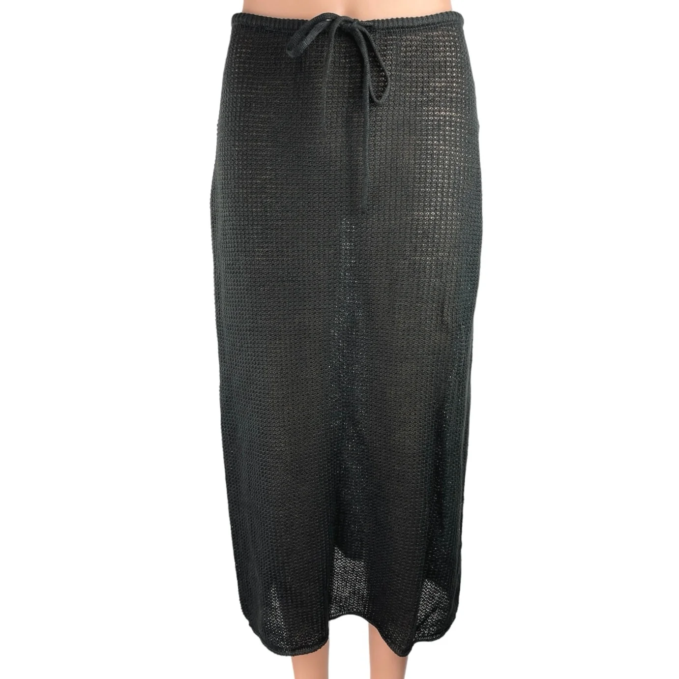 Onia Black 100% Linen Knit Drawstring Low Rise Semi Sheer Pull On Midi Skirt S
