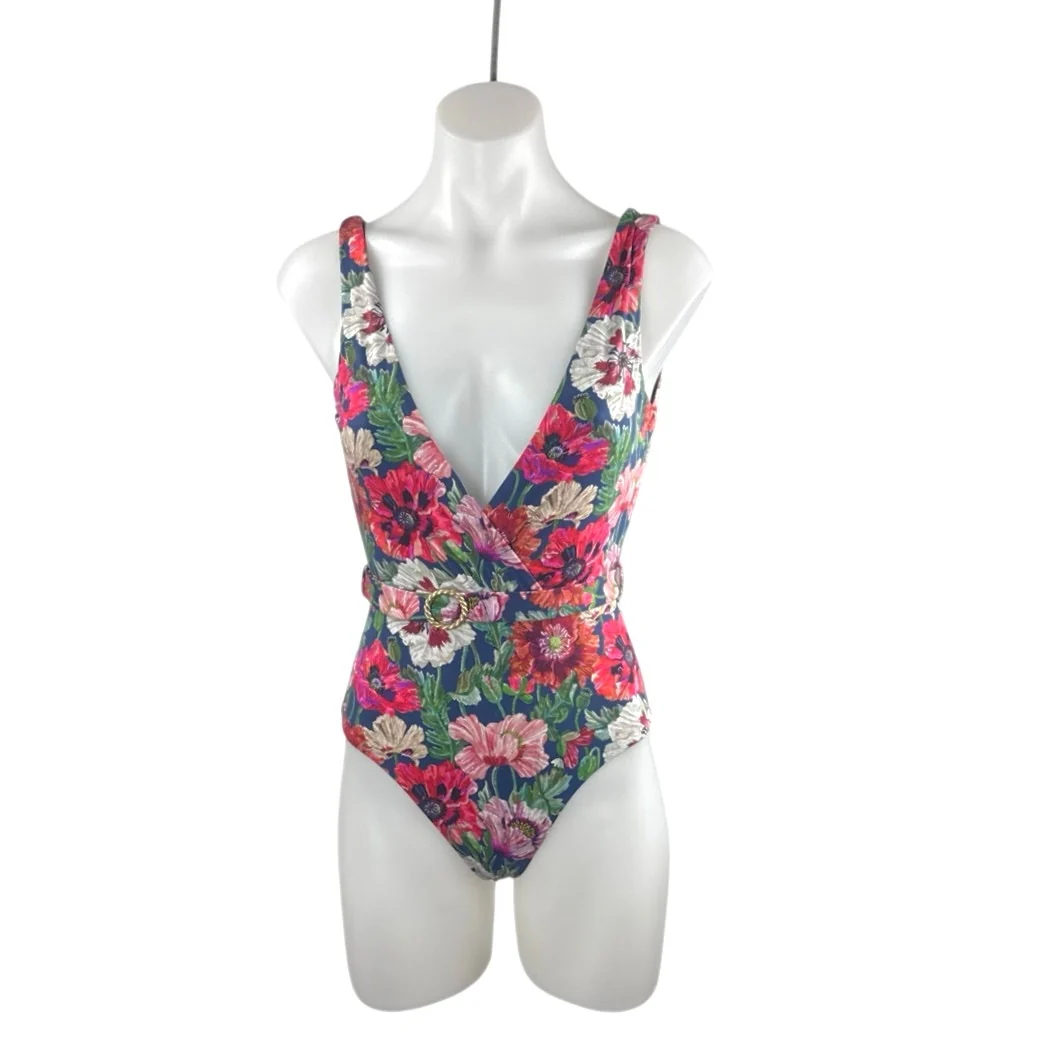 Onia Michelle Floral VNeck Sleeveless One Piece Belted Tank Swimsuit Swimwear XS