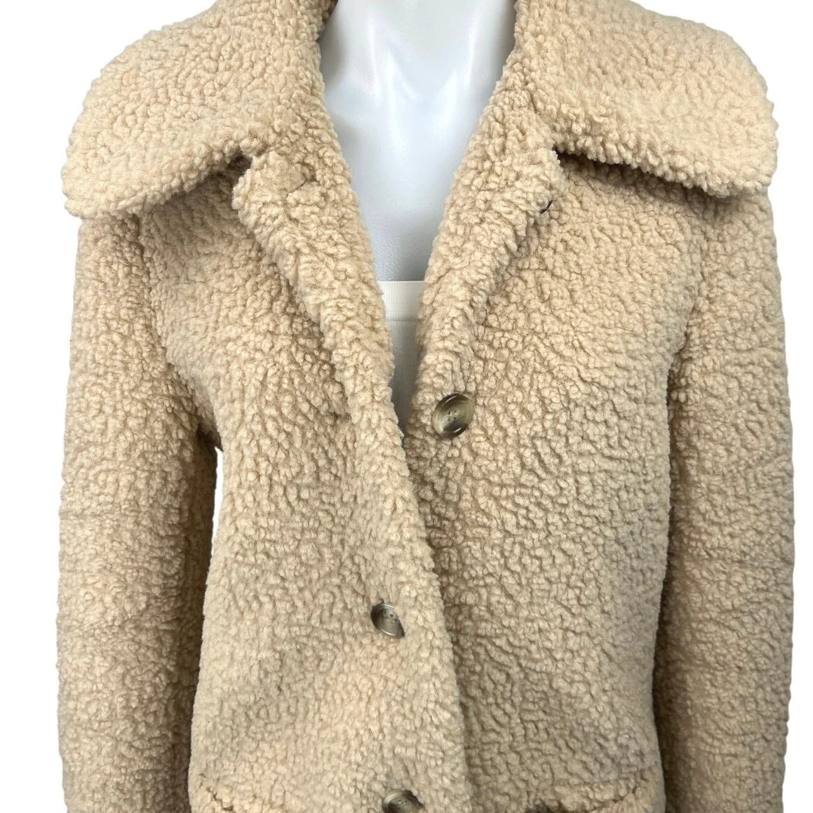 & Other Stories Beige Tan Faux Shearling Sherpa Button Down Teddy Coat Jacket S - Image 3