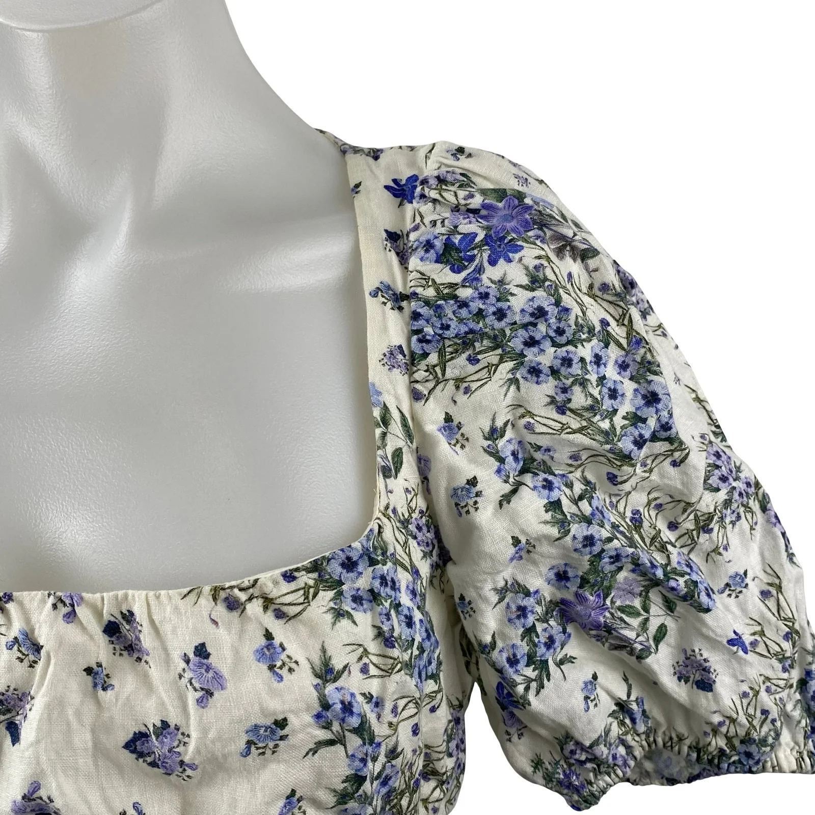 & Other Stories Blue White Floral Short Puff Sleeve Smocked Crop Blouse Top 4 - Image 3