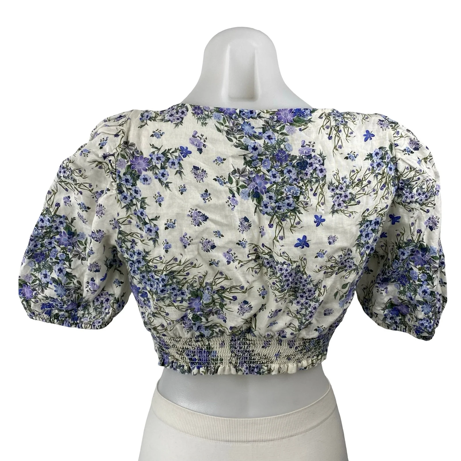 & Other Stories Blue White Floral Short Puff Sleeve Smocked Crop Blouse Top 4 - Image 4