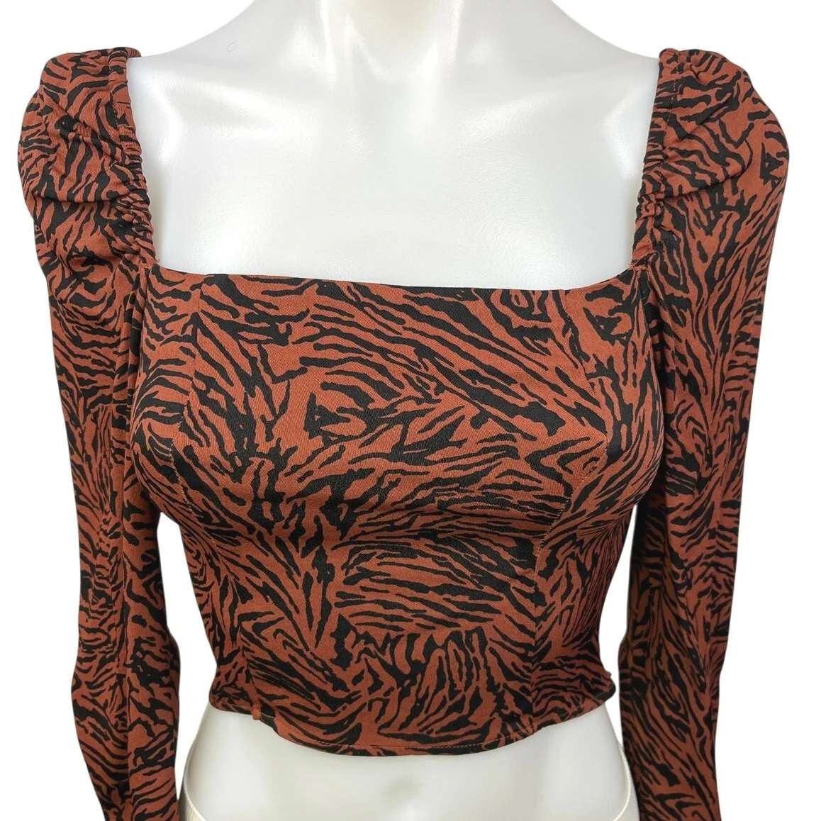 & Other Stories Brown Black Animal Zebra Print Square Long Sleeve Crop Top Sz 0 - Image 3