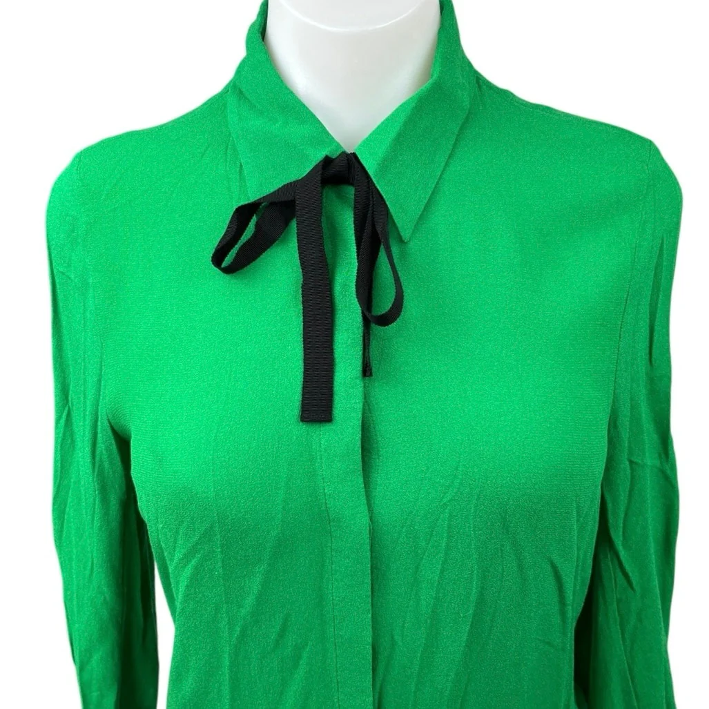 & Other Stories Green Bow Tie Button Down Collar Long Sleeve Shirt Blouse Top 2 - Image 3
