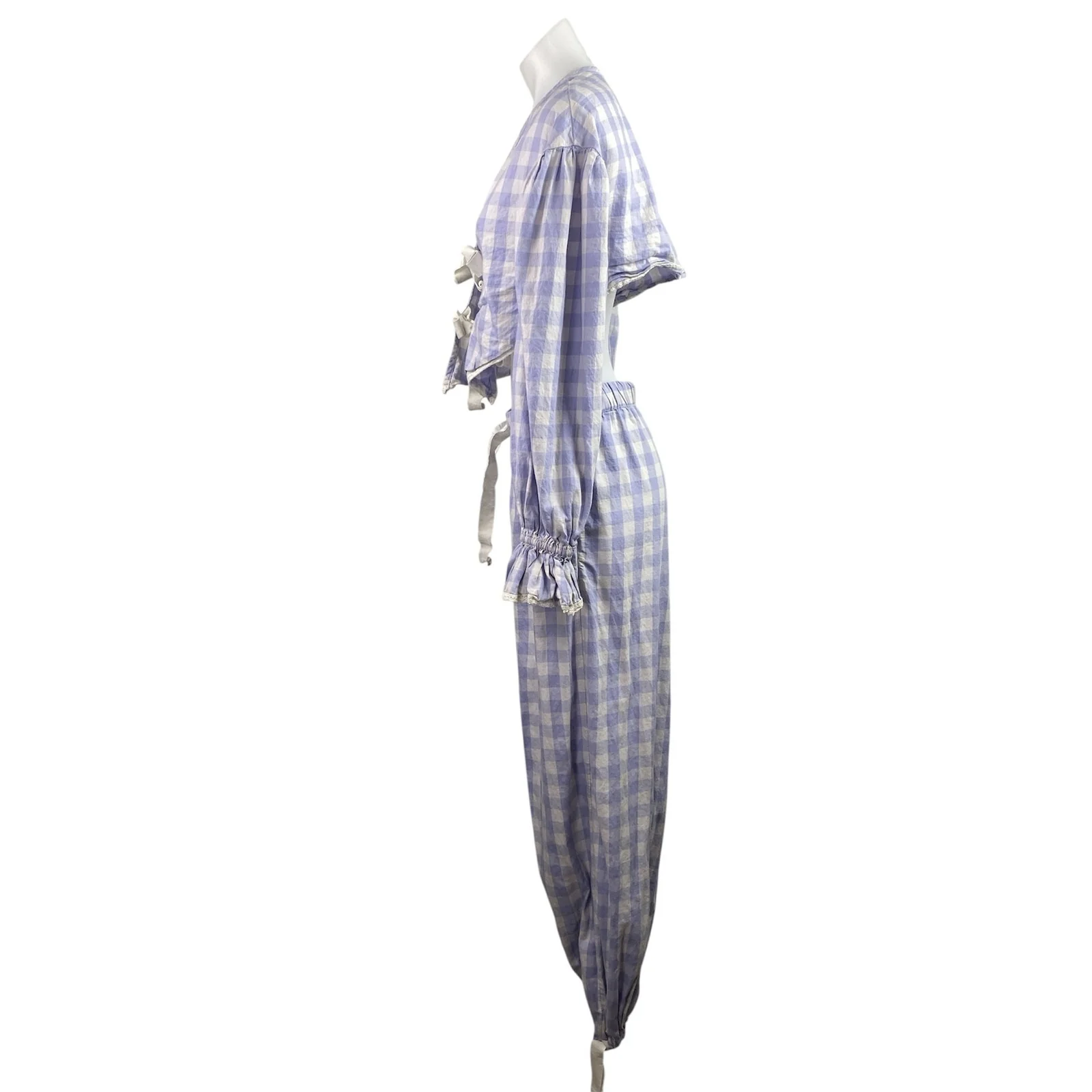 Out From Under Charlotte Bow Purple Chekered Plaid Blouse & Trouser Pants Set S - Image 2