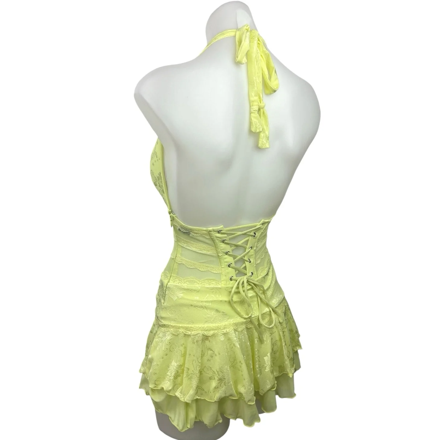 Outcast Yellow Mesh Plunging Halter Neck Backless One Piece Bodysuit Dress Sz XS - Image 2
