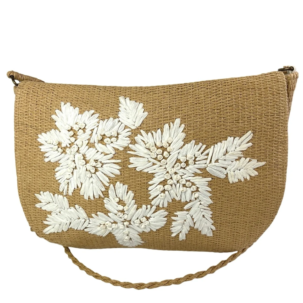 Oysho Women's Beige Tan Raffia Embroidered Floral Crossbody Shoulder Bag - Image 2