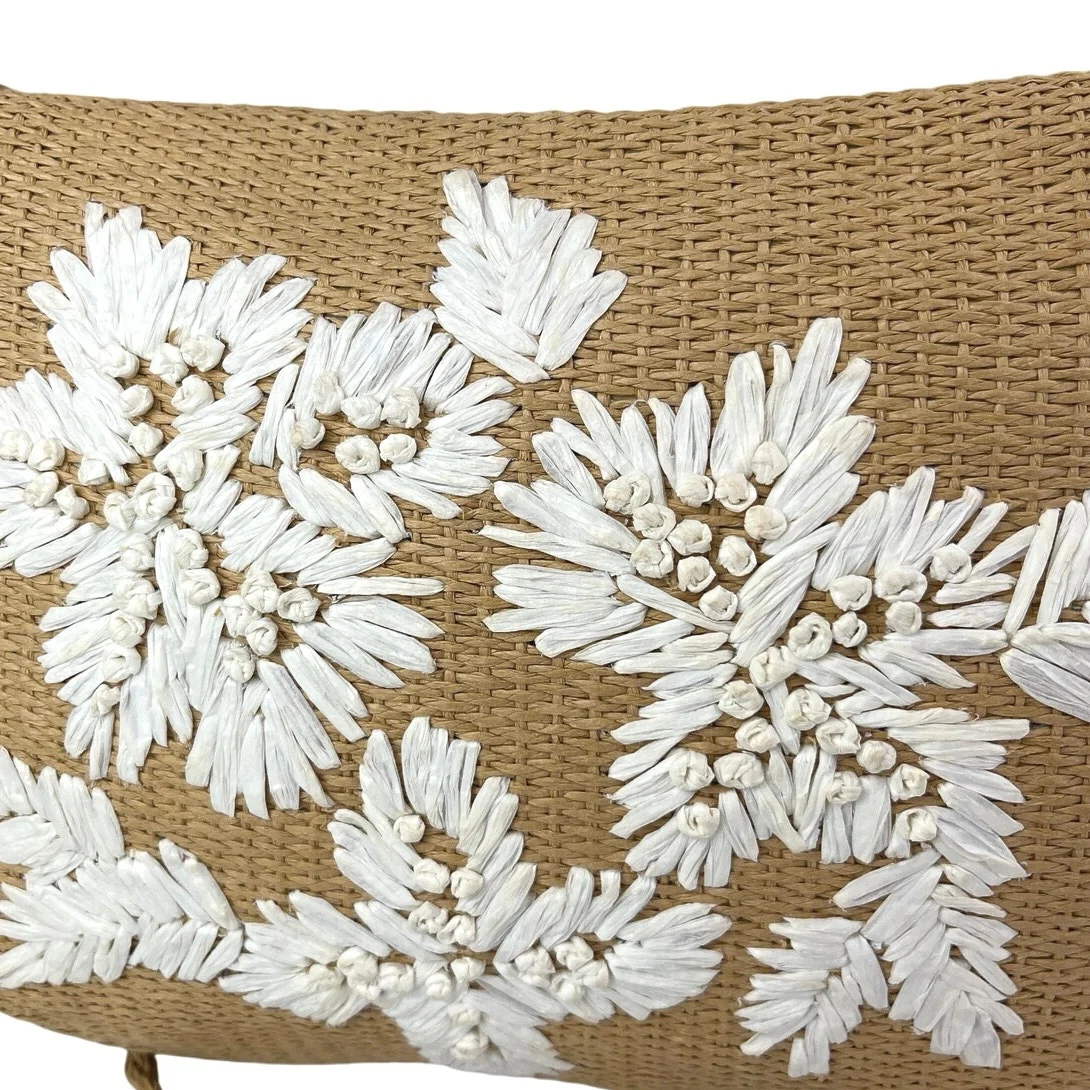 Oysho Women's Beige Tan Raffia Embroidered Floral Crossbody Shoulder Bag - Image 4
