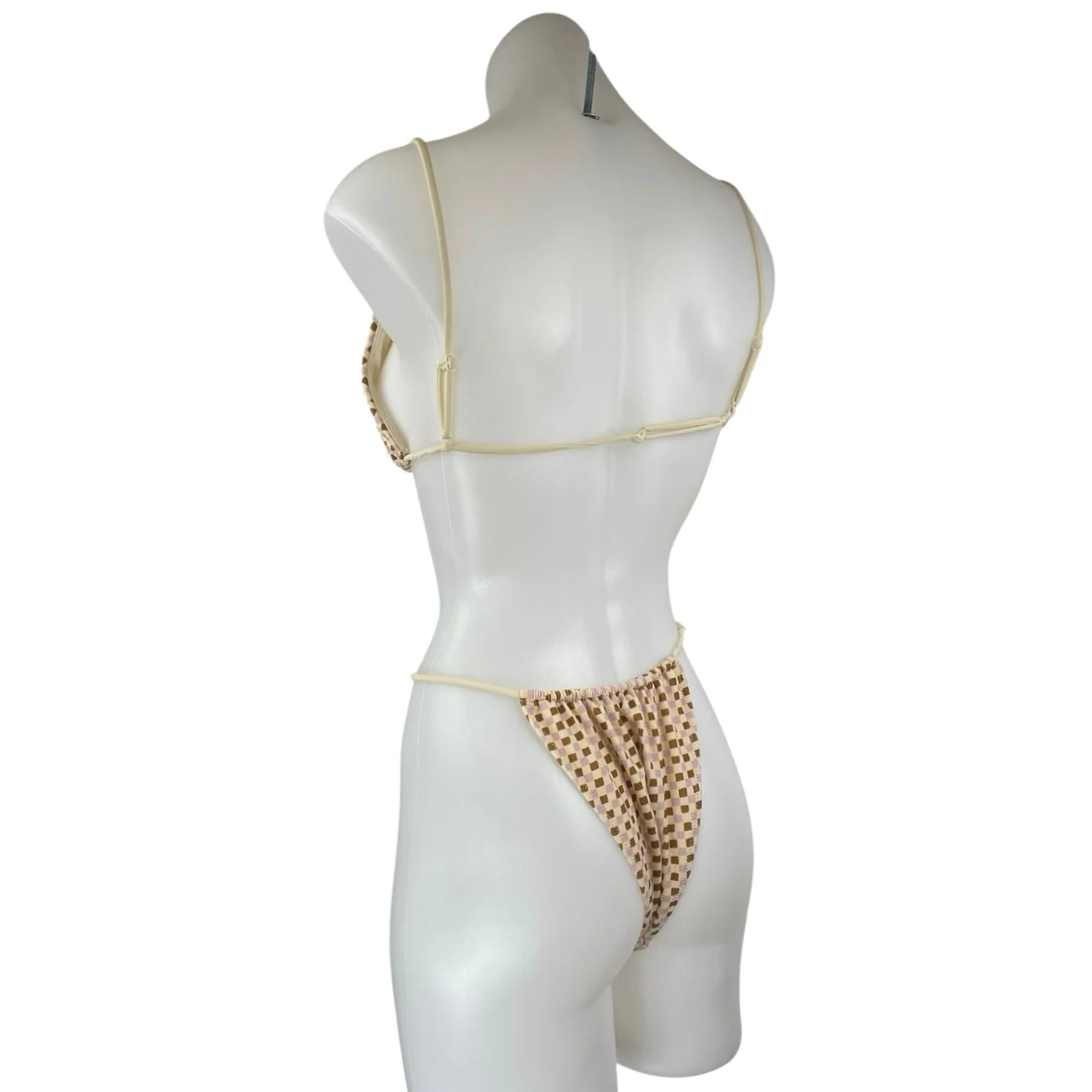 Pacsun Beige Purple Gingham Check Triangle One Piece Bikini Swimsuit Swimwear M - Image 2