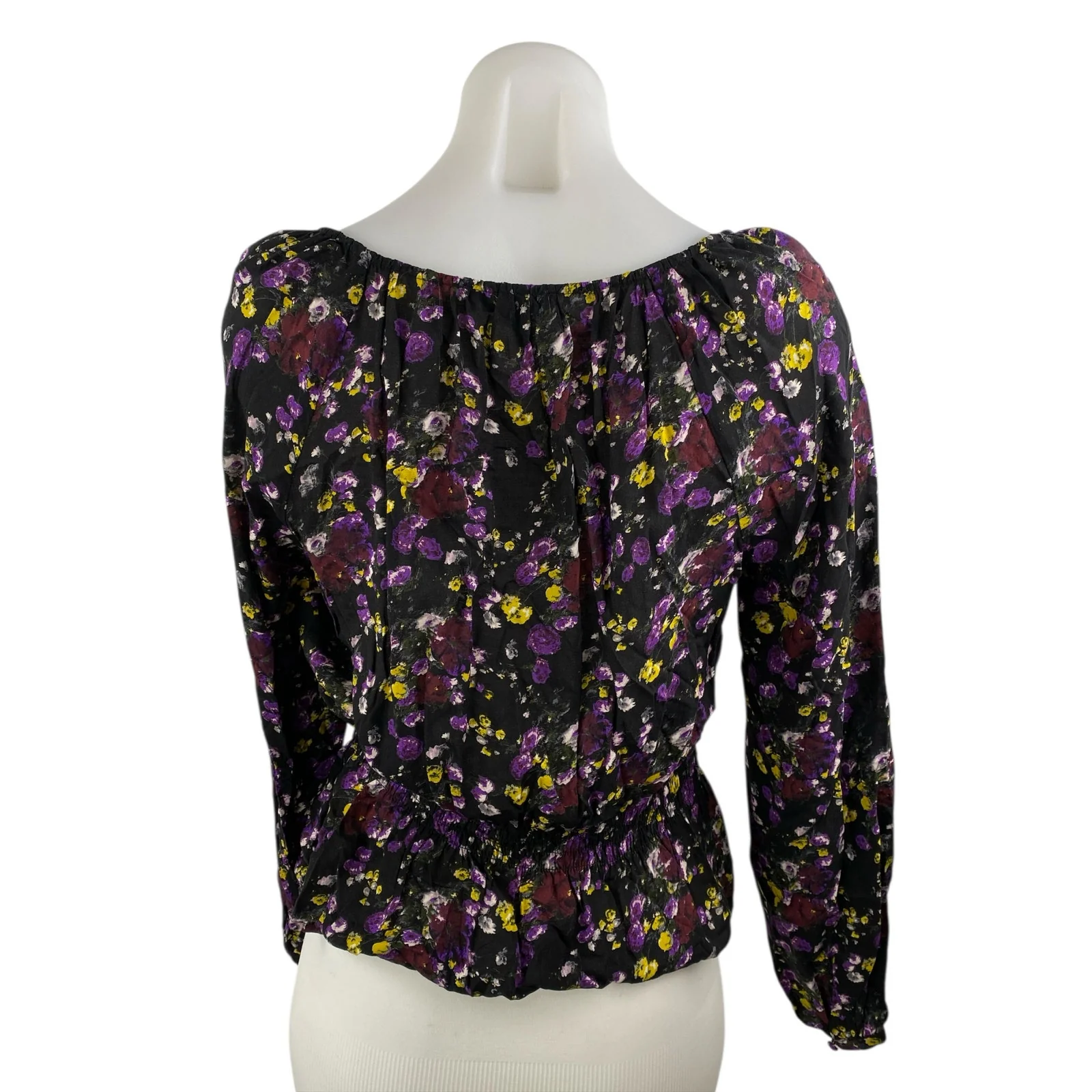 Paige Black Floral Long Sleeve Scoop Neck Tie Smocked Peplum Blouse Top Size S - Image 2