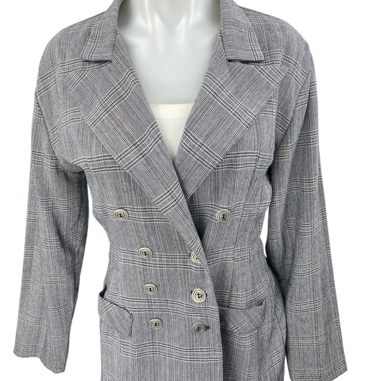 Paris Sport Club Women Gray Plaid Long Sleeve Double Breasted Blazer Jacket Sz S - Image 3