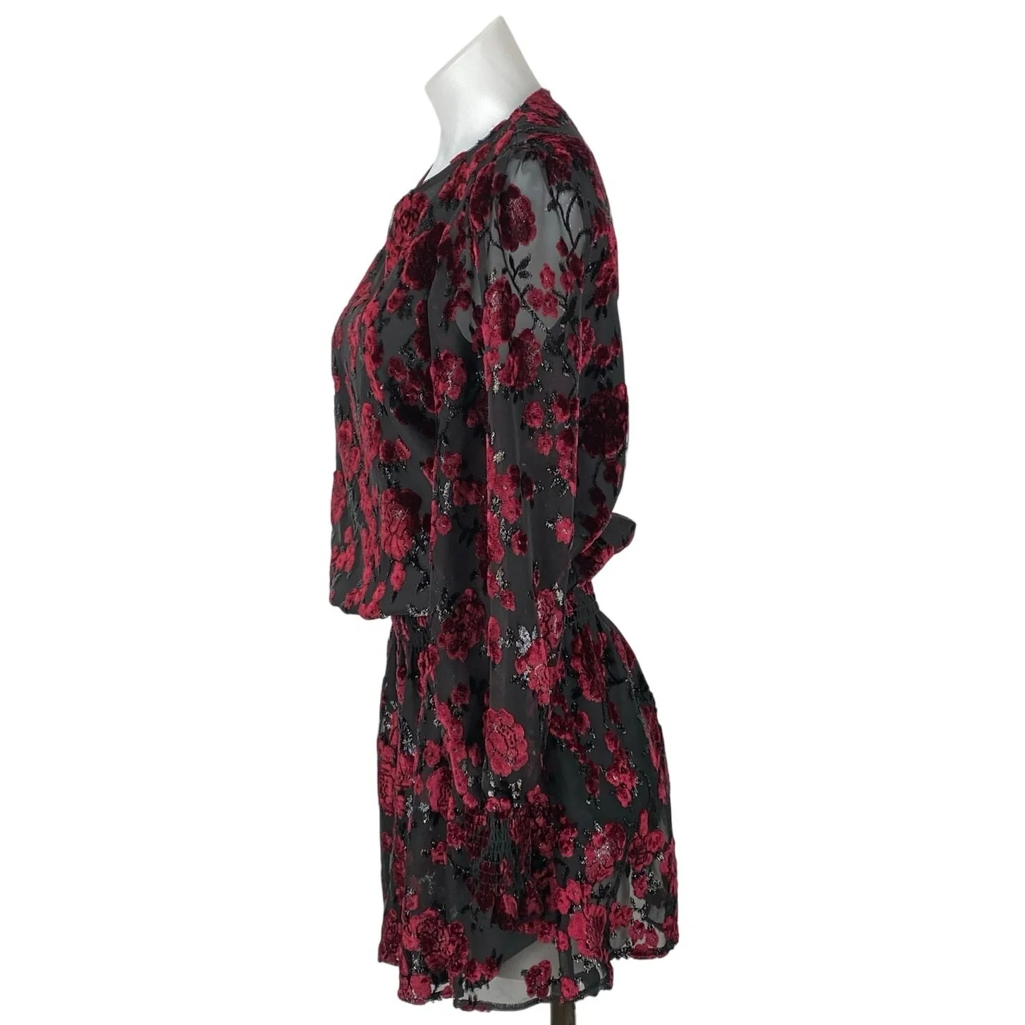 Parker Carmindy Red Black Floral Velvet Burnout Long Sleeve Mini A-Line Dress S - Image 3