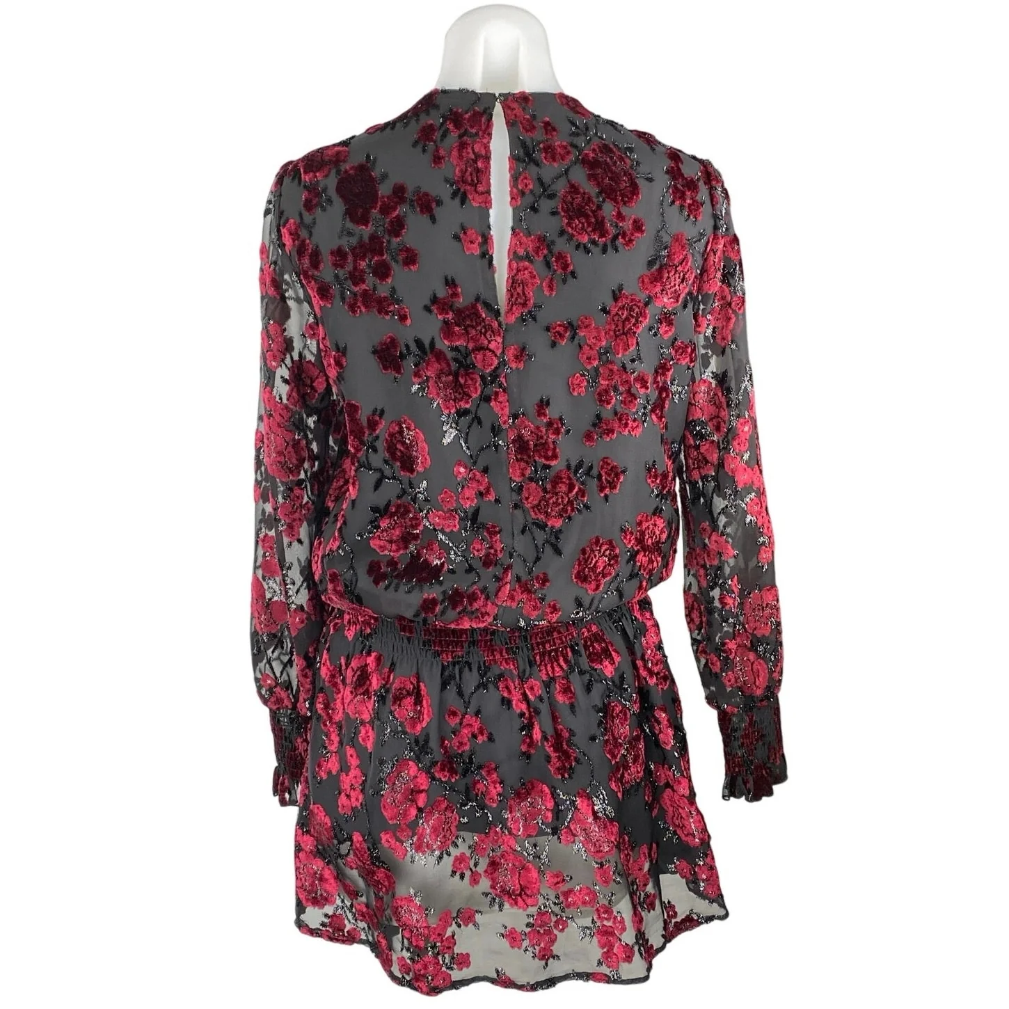 Parker Carmindy Red Black Floral Velvet Burnout Long Sleeve Mini A-Line Dress S - Image 4