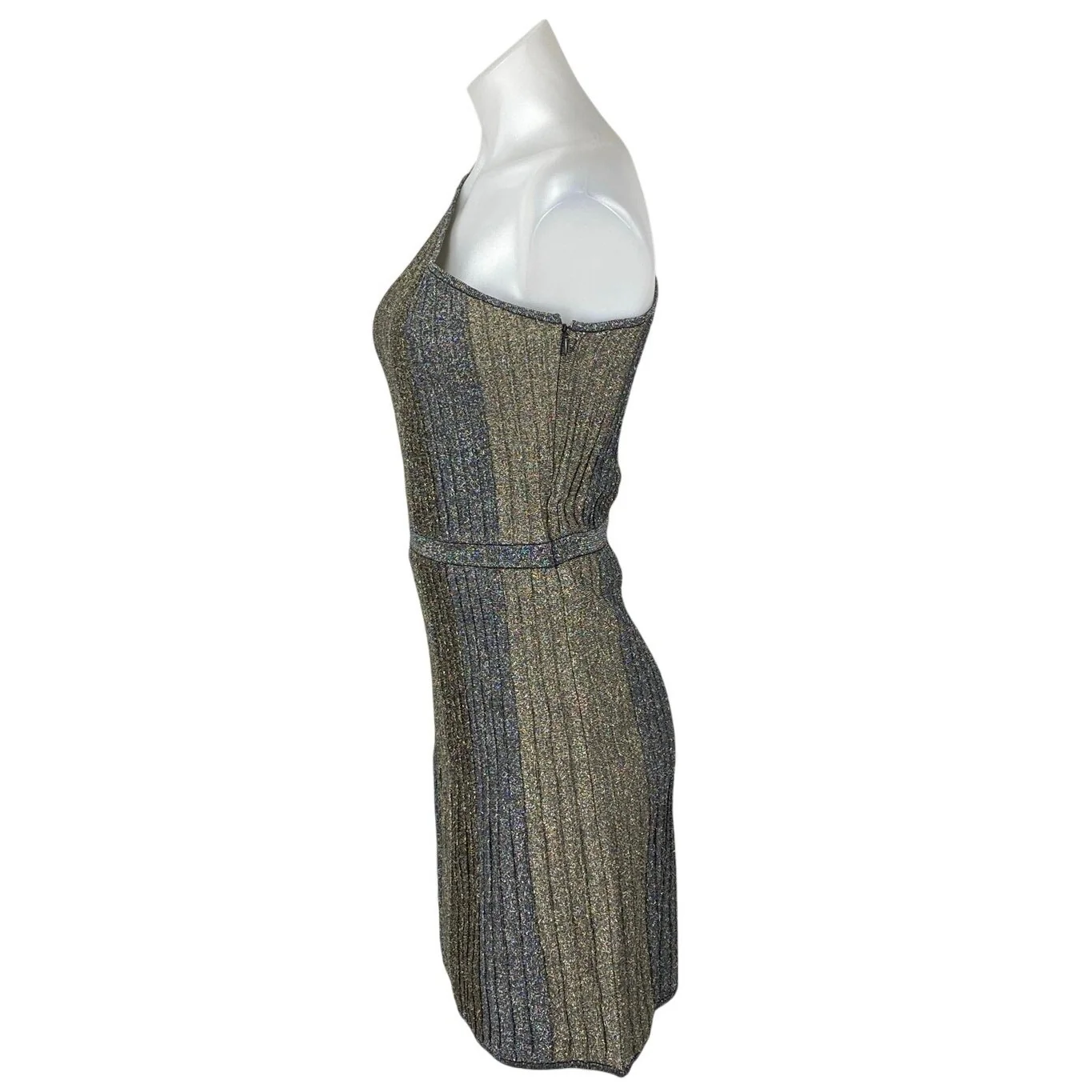 Parker Multicolor Metallic Colorblock Ribbed One Shoulder Mini A-Line Dress Sz M - Image 3