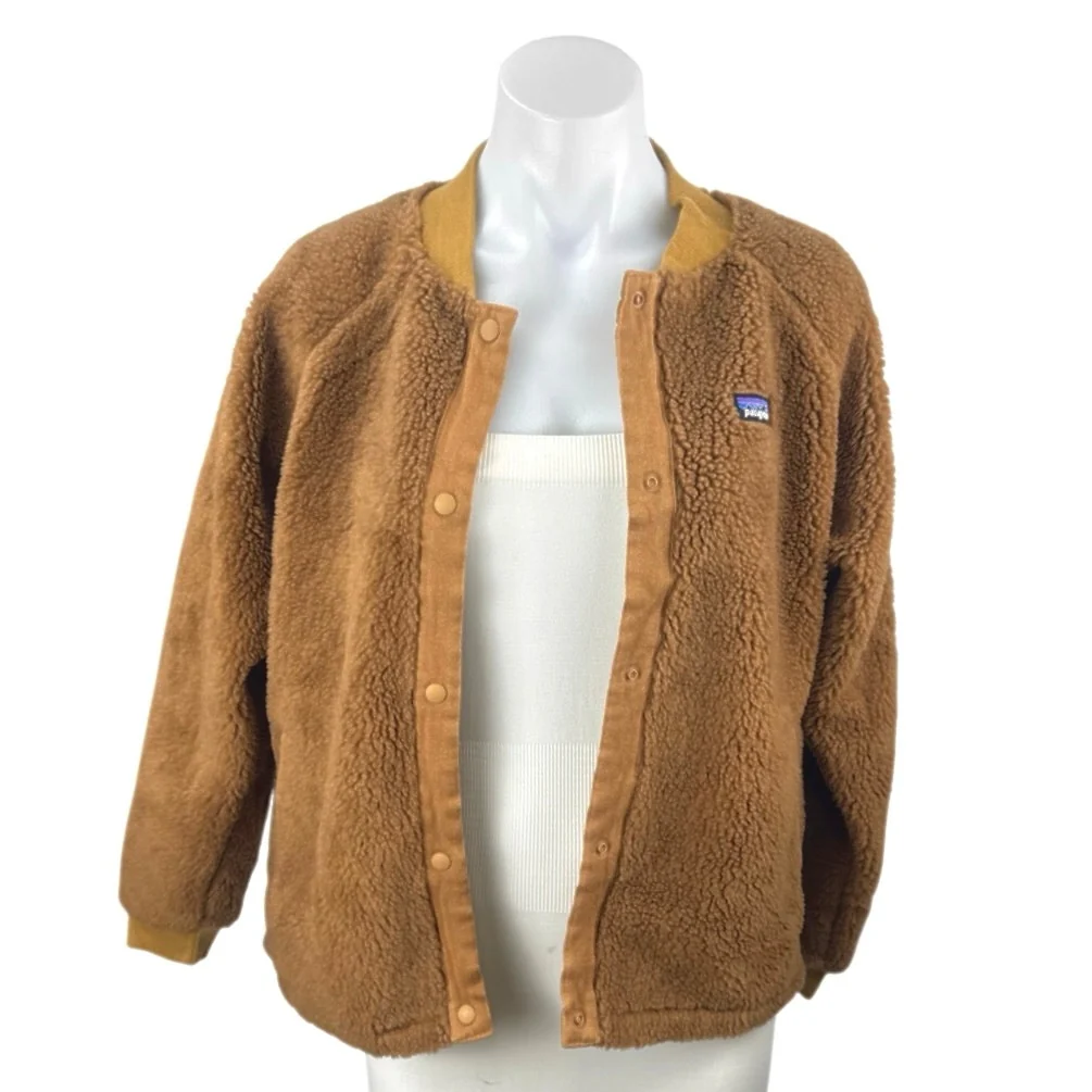 Patagonia Women's Brown Wool Sherpa Fleece Long Sleeve Snap Bomber Coat Jacket S - Image 4