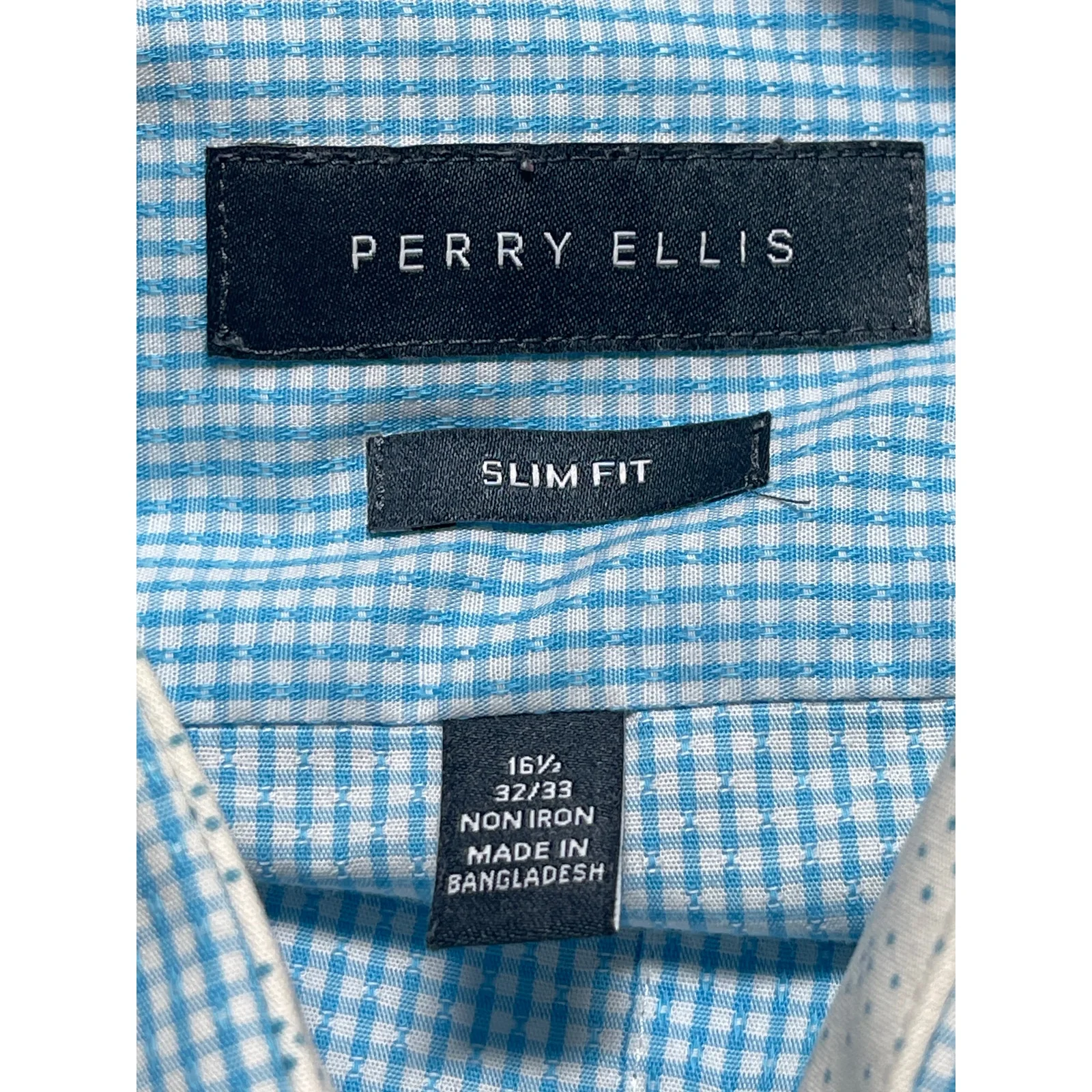 Perry Ellis Men's Blue Checkered Slim Long Sleeve Button Down Shirt Top 16 1/2 - Image 3