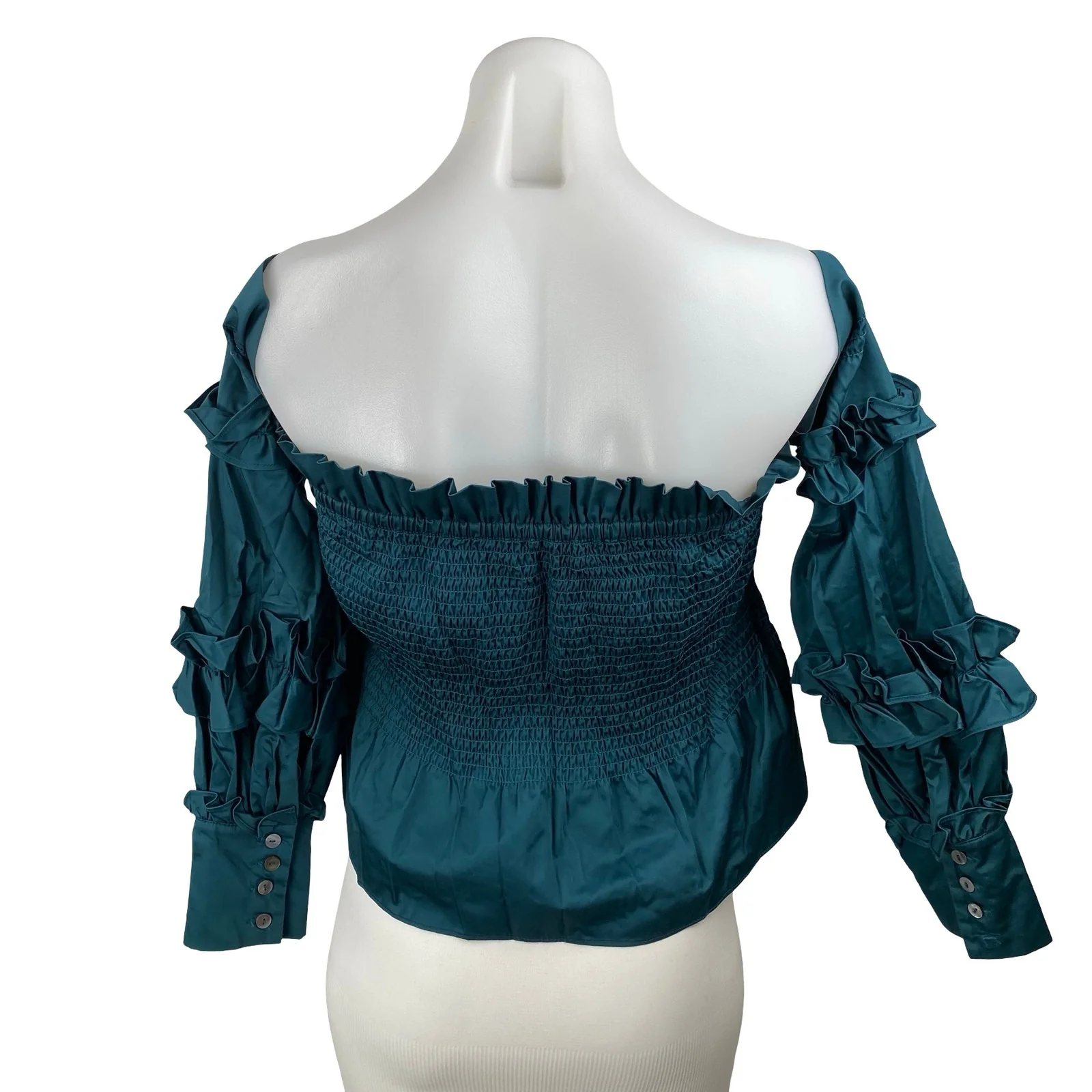 Petersyn Women's Teal Blue Long Sleeve Ruffle Smocked Peplum Crop Top Size S - Image 4