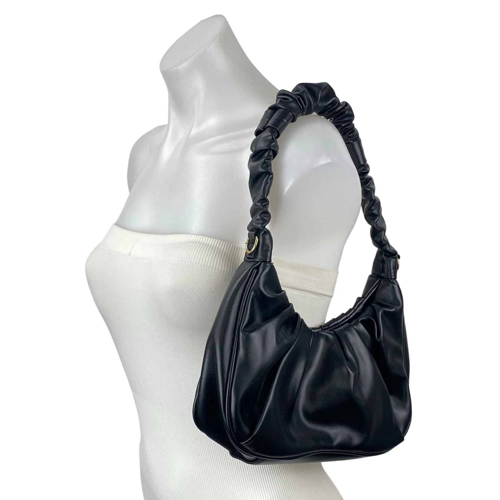 Petite Simone Black Pleated Faux Leather Vegan Tote Hobo Crescent Handbag OS - Image 2