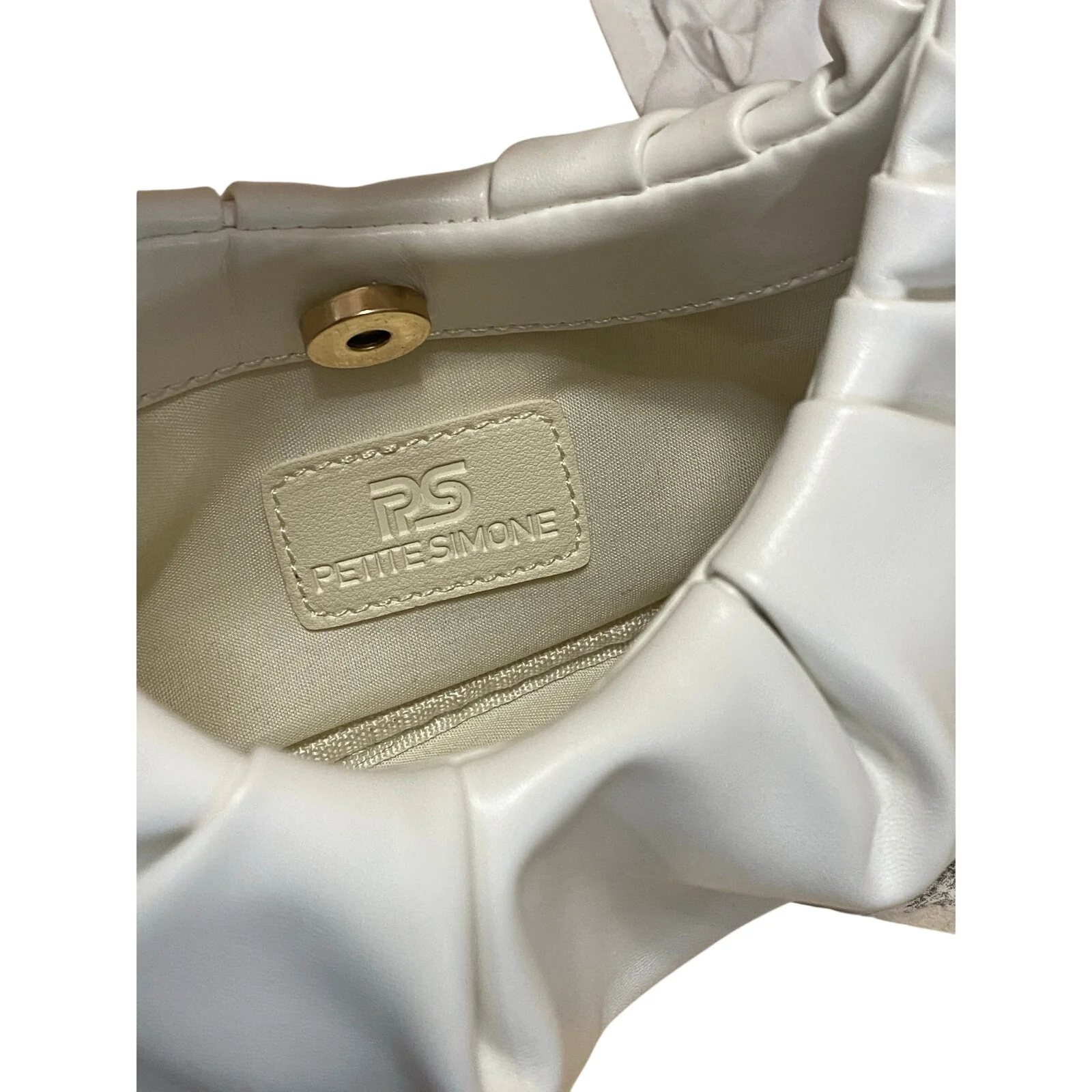 Petite Simone Off White Pleated Faux Leather Vegan Tote Hobo Crescent Handbag OS - Image 3
