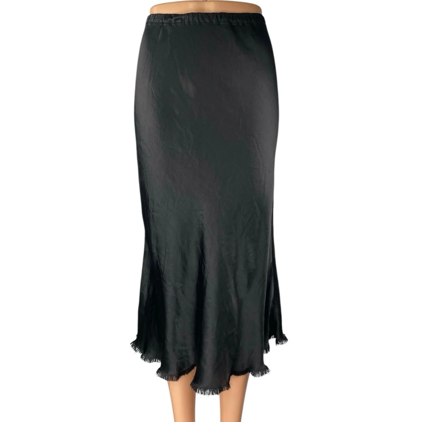 Pharaoh Riley Black Silky Satin Fringe Elastic Waist Pull On Midi A-Line Skirt 1