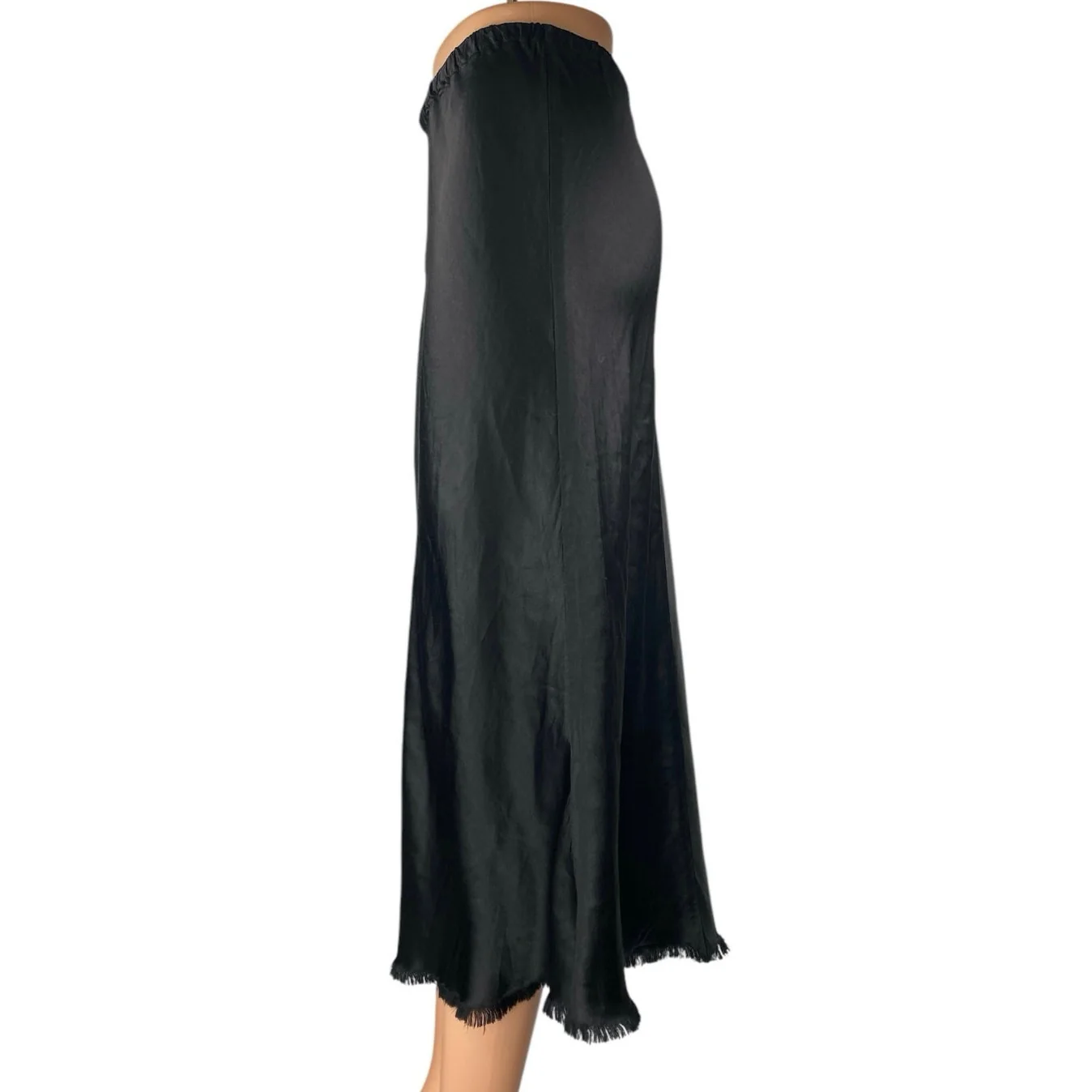 Pharaoh Riley Black Silky Satin Fringe Elastic Waist Pull On Midi A-Line Skirt 1 - Image 2