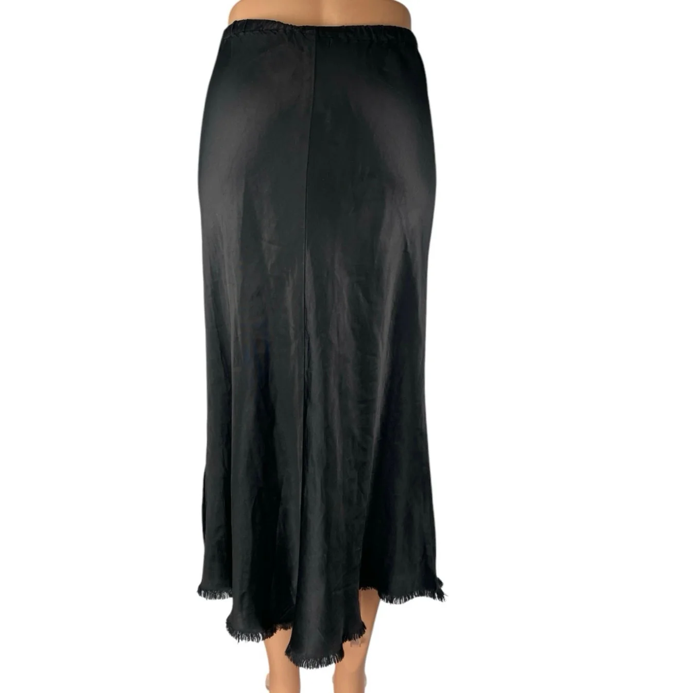 Pharaoh Riley Black Silky Satin Fringe Elastic Waist Pull On Midi A-Line Skirt 1 - Image 3