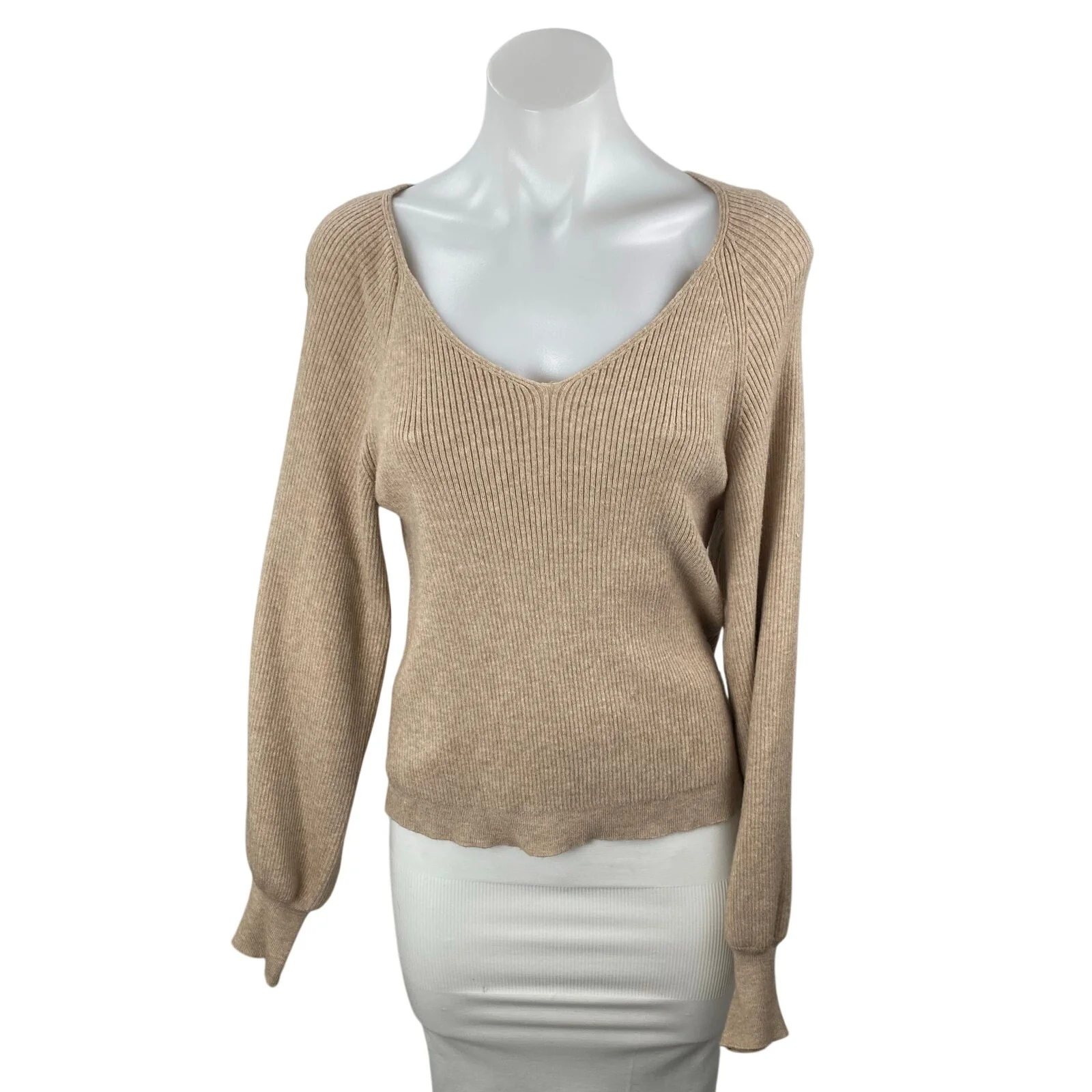 Philosophy Women's Beige Ribbed V Neck Balloon Sleeve Sweatshirt Sweater Top M
