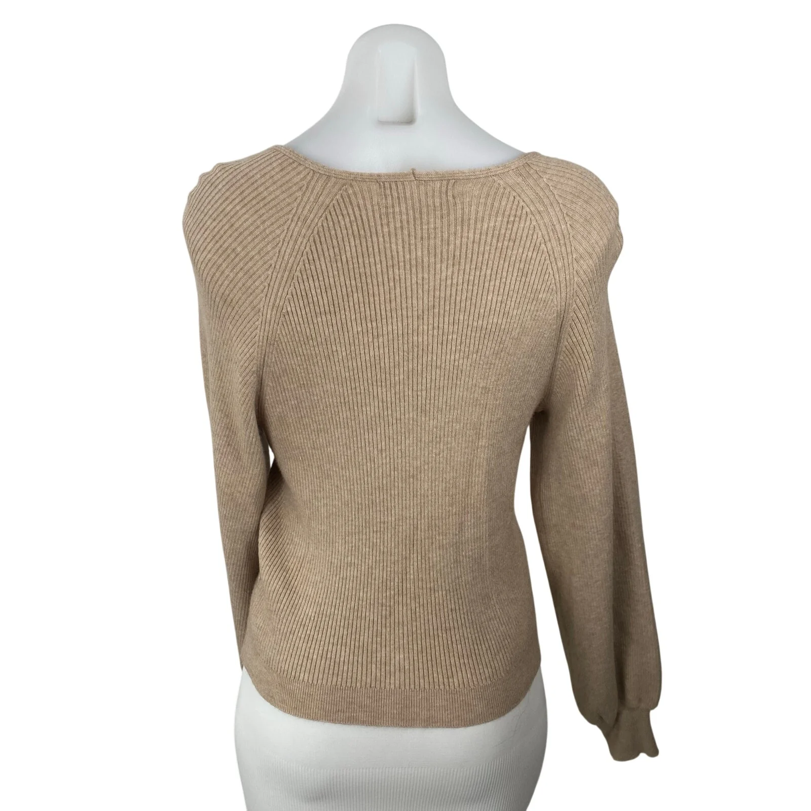 Philosophy Women's Beige Ribbed V Neck Balloon Sleeve Sweatshirt Sweater Top M - Image 4