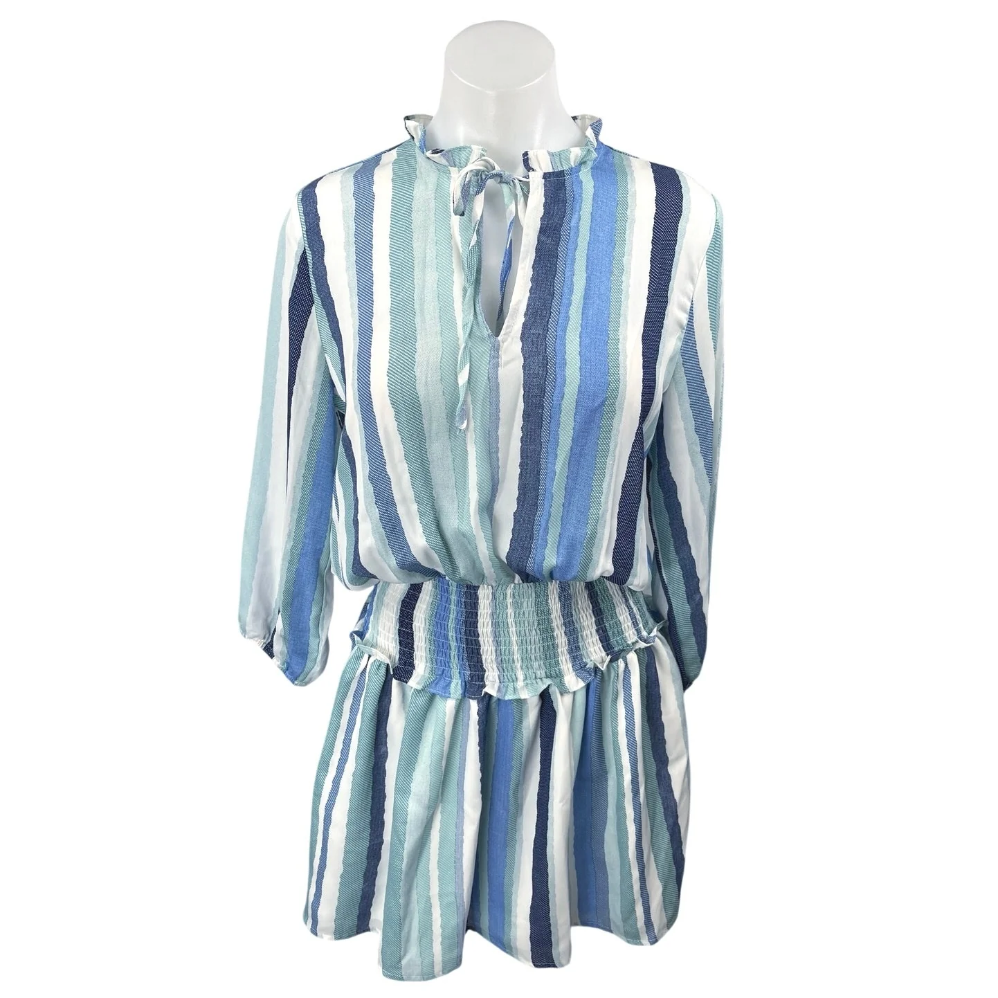 Pinch Blue Striped Long Sleeve Ruffle Tie Neck Smocked Blouson Mini Dress Size S