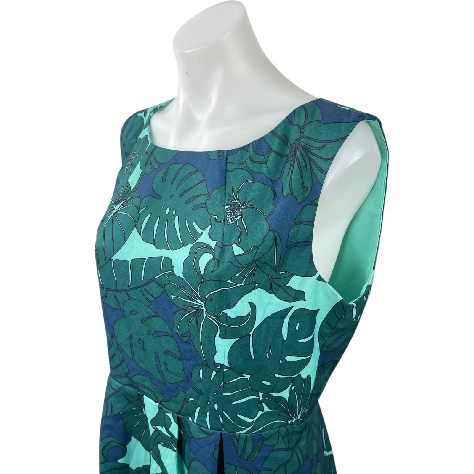 Pink Martini Women's Green Tropical Sleeveless Pleated Mini Flare A-Line Dress L - Image 2
