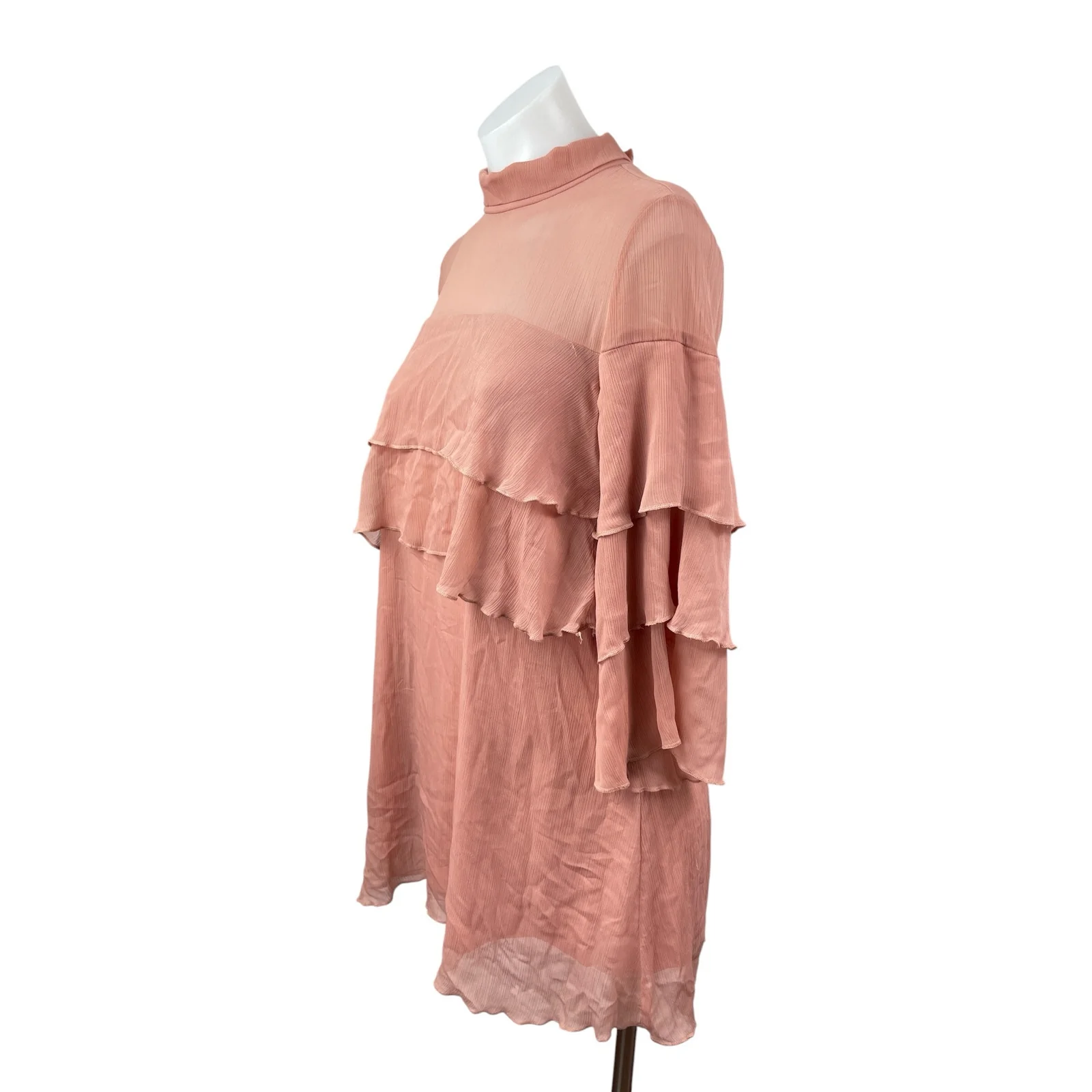 Pink Owl Women's Coral Tiered Ruffle Mock Neck Long Sleeve Mini Shift Dress Sz S - Image 3