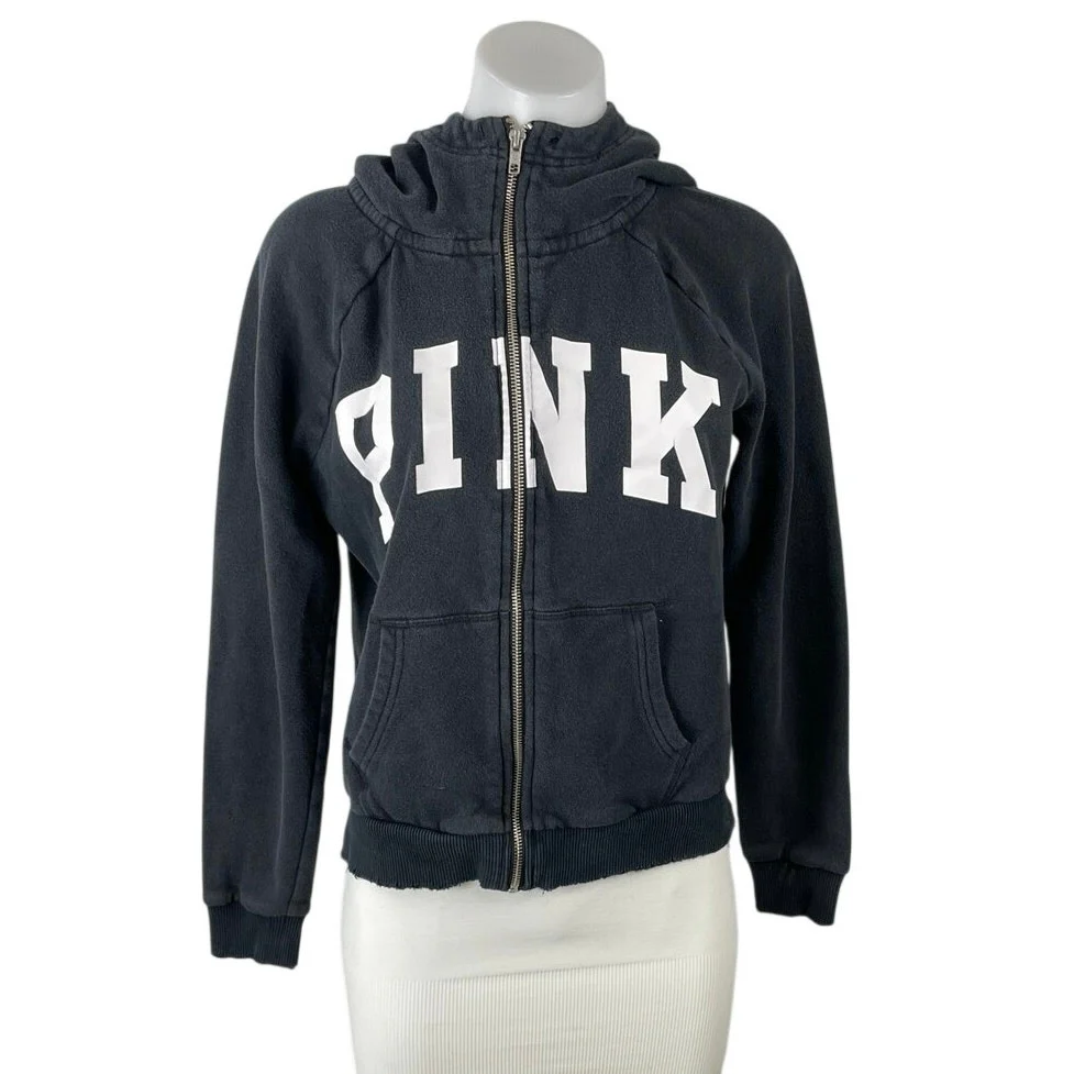 Pink Victoria's Secret Women's Black Zip Up Hoodie Hooded Sweatshirt Top Size S