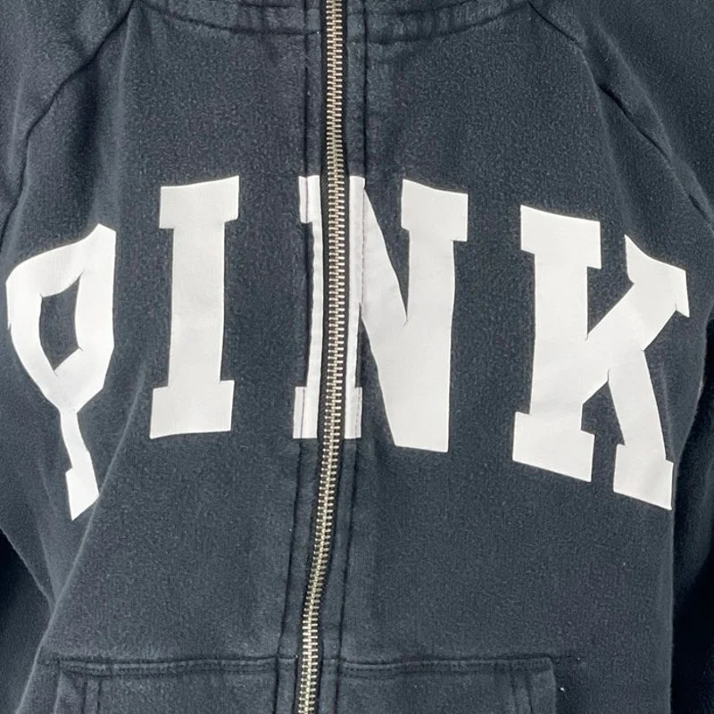 Pink Victoria's Secret Women's Black Zip Up Hoodie Hooded Sweatshirt Top Size S - Image 2
