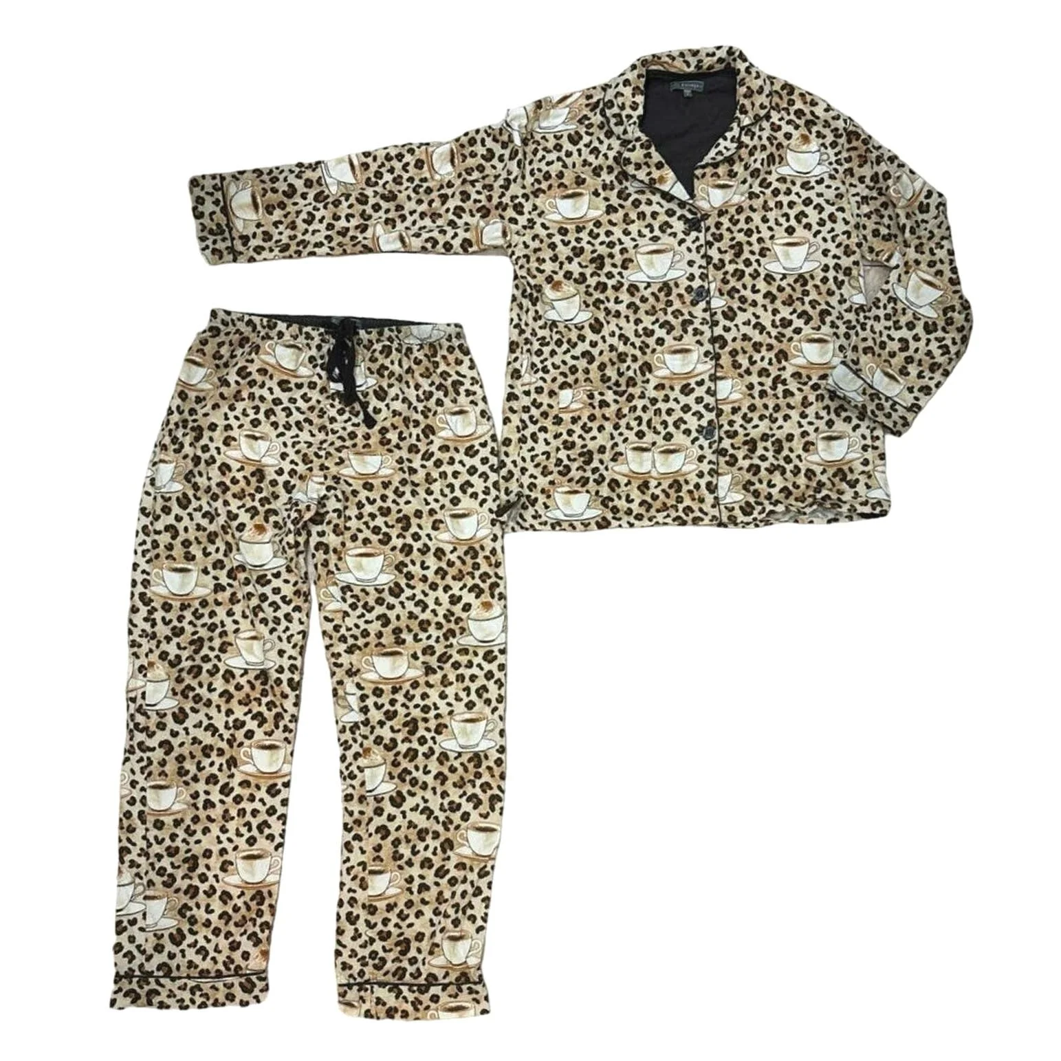 Pj Salvage Tan Cotton Leopard Coffee Cups Flannel Long Sleeve Pajama Set Size S - Image 3
