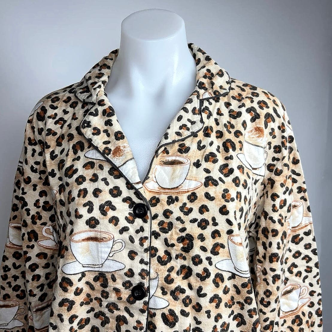 Pj Salvage Tan Cotton Leopard Coffee Cups Flannel Long Sleeve Pajama Set Size S - Image 4
