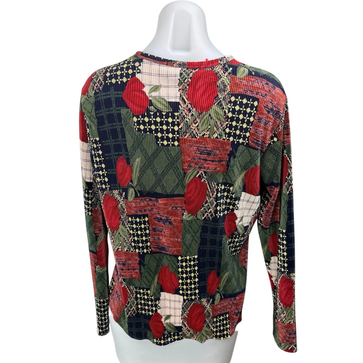 Plisse Red Corduroy Floral Patchwork Long Sleeve Button Up Blouse Top Size L - Image 2