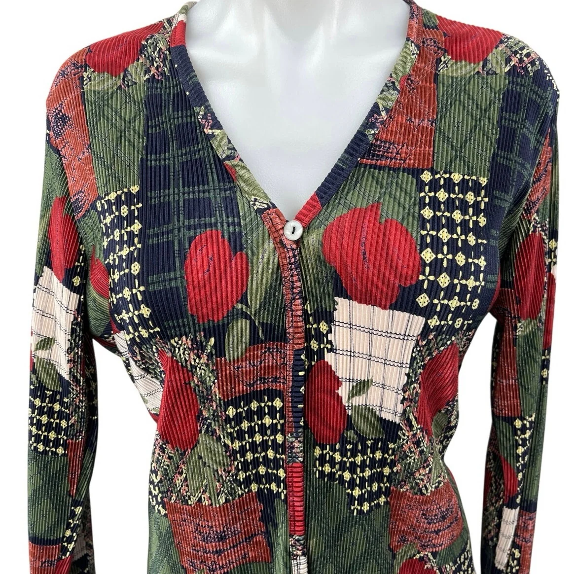 Plisse Red Corduroy Floral Patchwork Long Sleeve Button Up Blouse Top Size L - Image 3