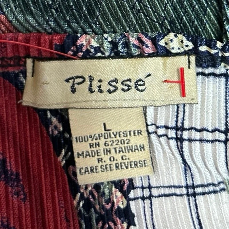 Plisse Red Corduroy Floral Patchwork Long Sleeve Button Up Blouse Top Size L - Image 4